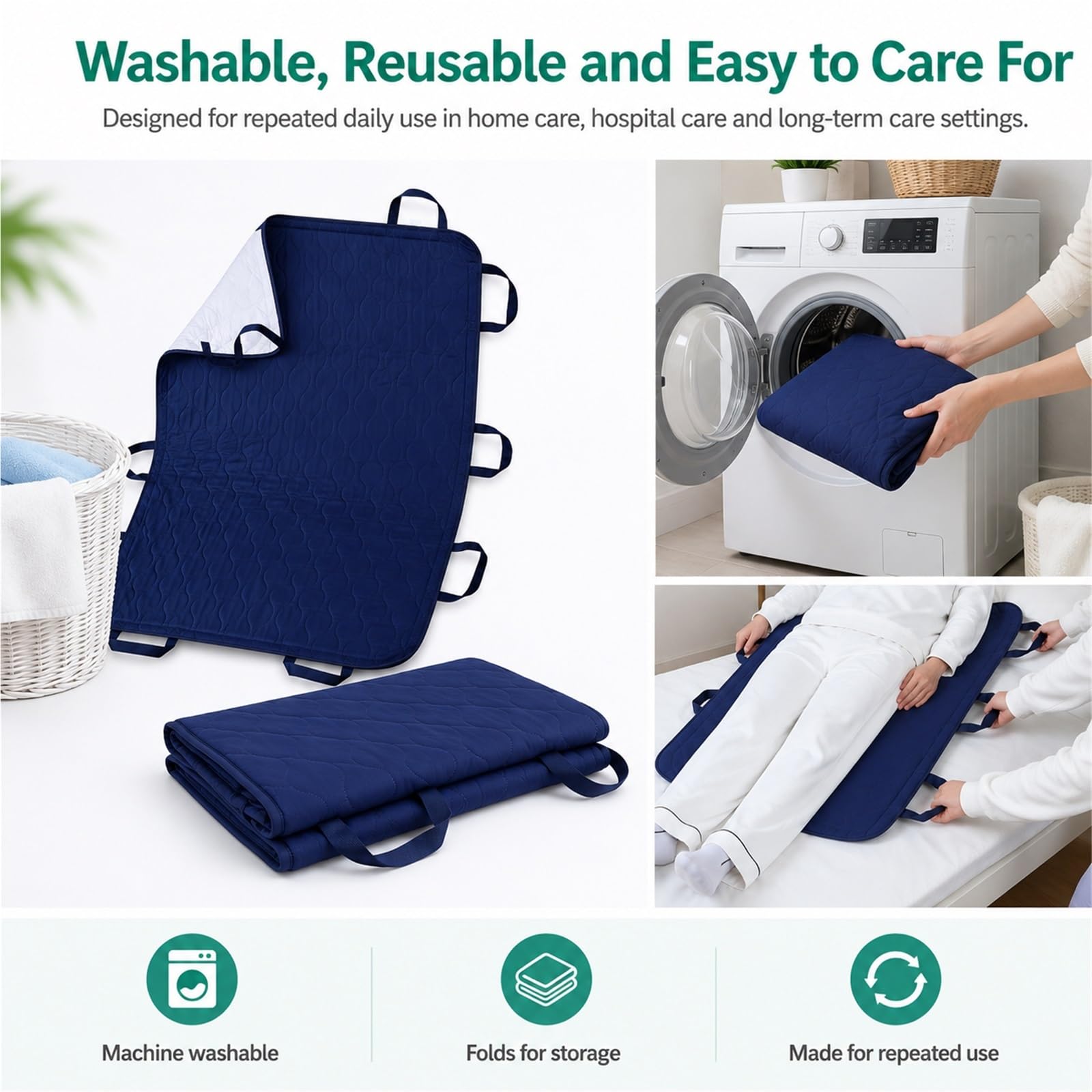 Empapadores de Cama Lavables con 10 Asas Sábana de Transferencia de Pacientes Impermeable Almohadilla de Posicionamiento Reutilizable para Personas(5layers 8 handles blue grid90*150)