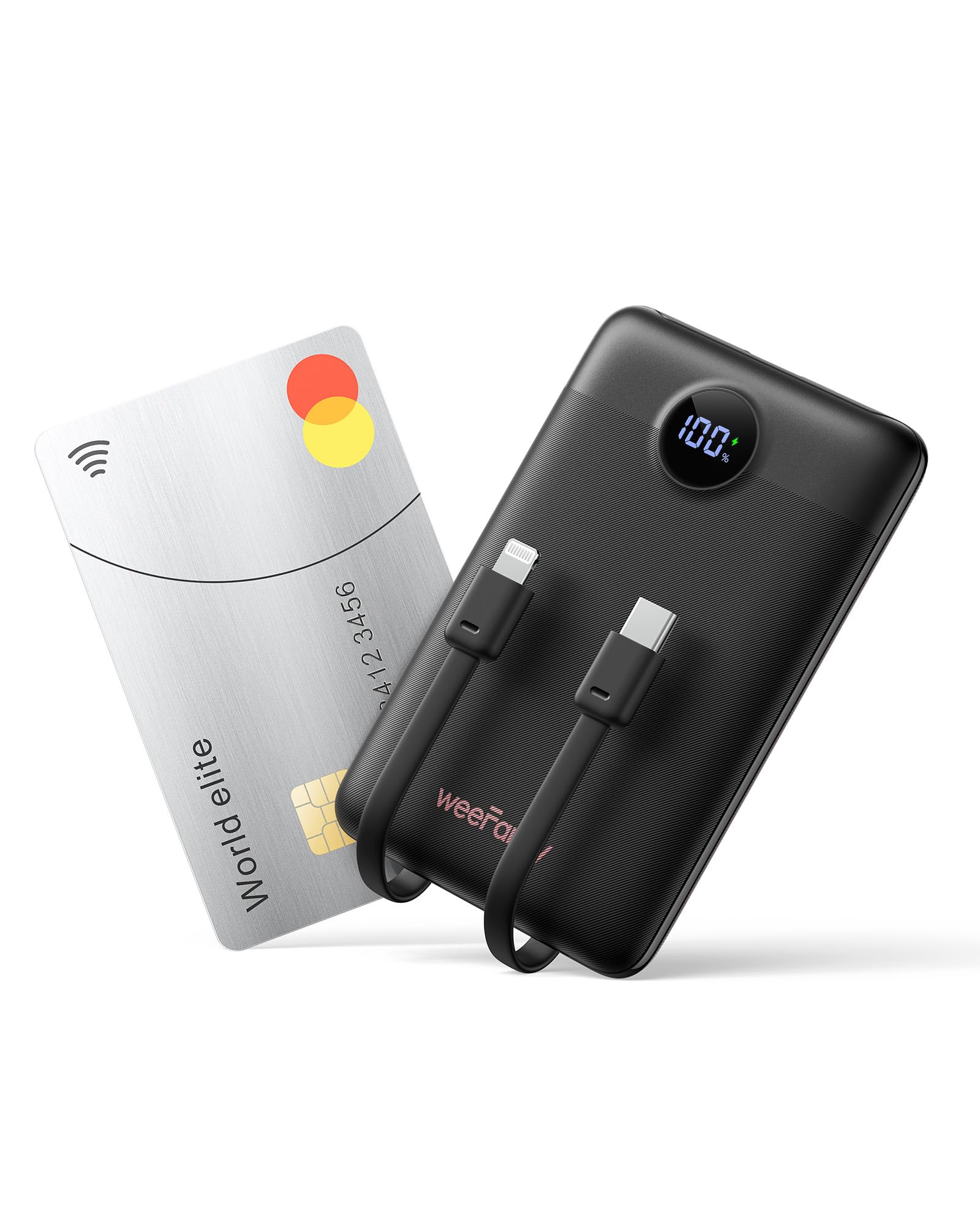 Power Bank Fast Charging WeeFancy 10000mAh Portable Charger With Built in Cables Small Battery Pack USB C with 3 Outputs ＆ 3 Inputs Mini Powerbank Compatible with Kindle Paperwhite, iPhone (Black)
