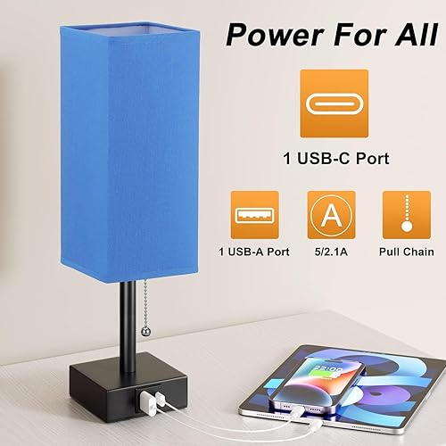 Miniatura 3 de Lámpara de mesita de noche azul marino con 3 niveles de brillo, lámpara de mesita de noche de 270035005000K con puertos USB C y A, lámpara pequeña