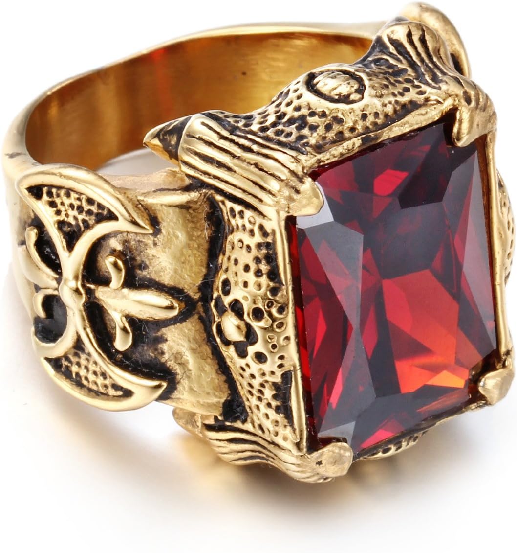 Men's Punk Gothic Extreme Red Zircon Titanium Steel Gold Casting Ring Size 11