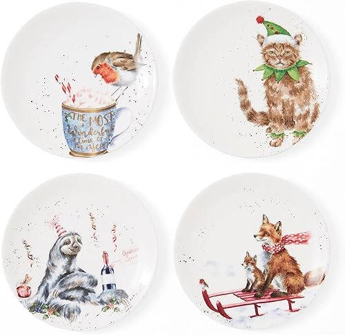 Royal Worcester Wrendale Designs Holiday - Plato cupé de 6.5 pulgadas (juego de 4)  Motivos de perezoso, Robin, zorro y gato  Apto para microondas,