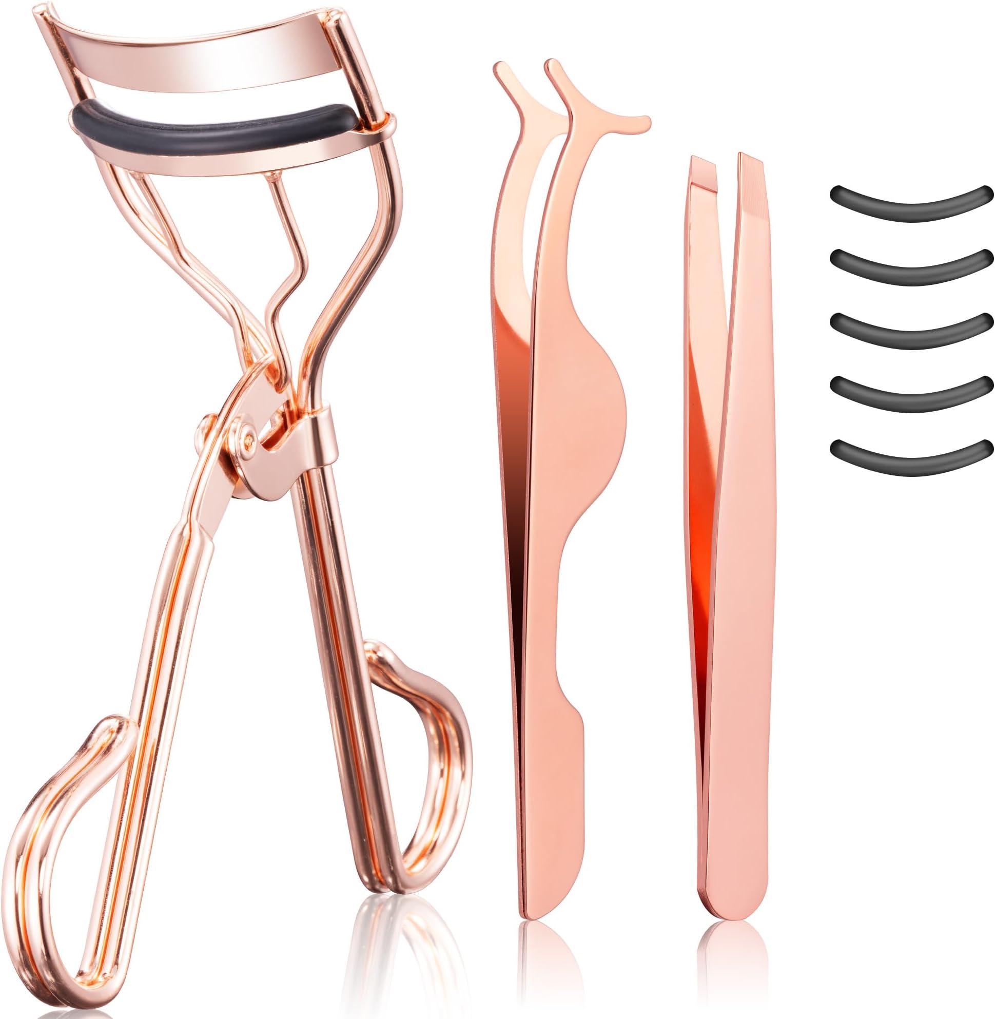 3-in-1 Professional Eyelash Curler Kit – Salon-Perfect Lashes at Home!Includes: Eyelash Curler (w/Replacement Pad), Eyebrow Tweezers & Curved Applicator Toolr – Travel-Friendly & Pain-Free (Rosegold)