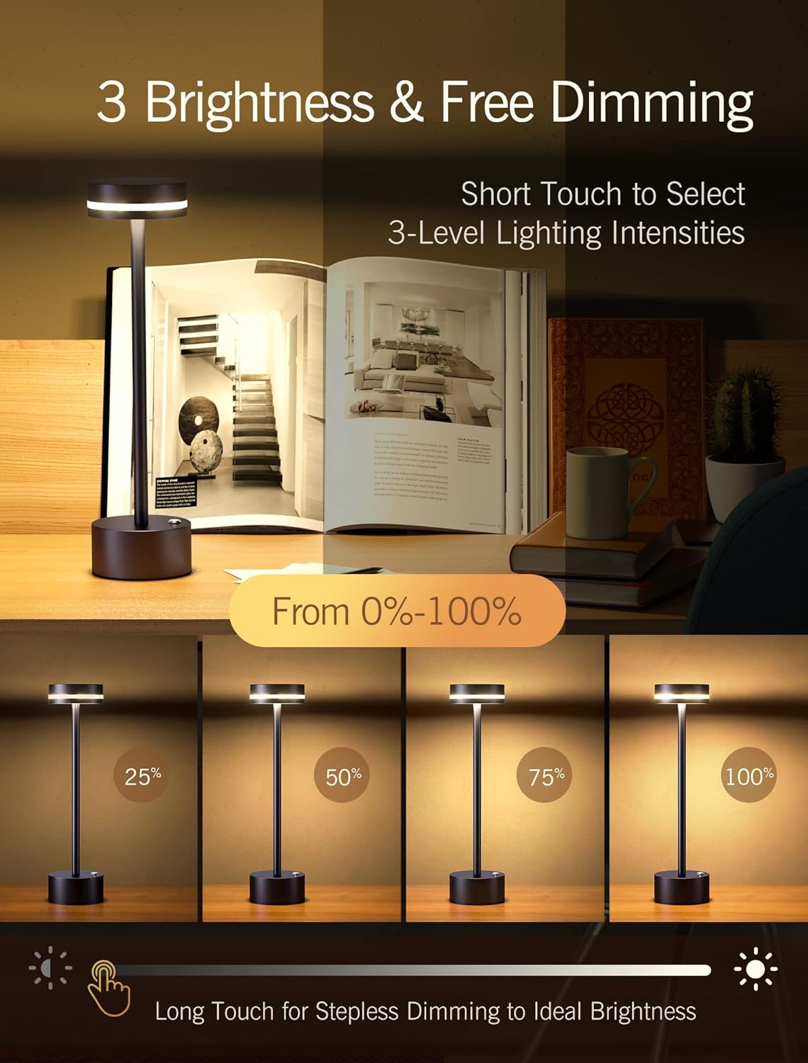 2 Pack Cordless LED Table Lamp, 3-Level Brightness, Stepless Dimmable Bedside Lamp, Rechargeable Touch Control Desk Lamp Up to 48 Hours Usage, Portable Metal Table Light for Outdoor Room Office(Brown)