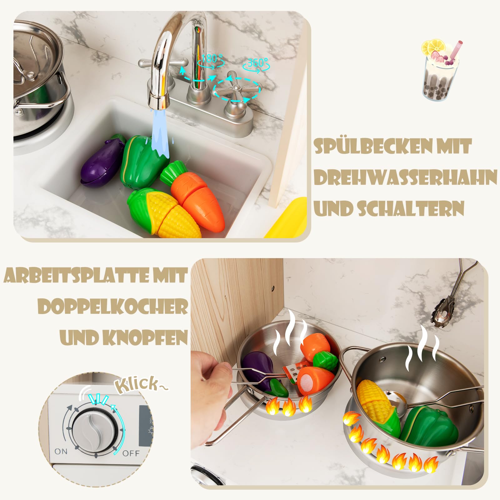 COSTWAY Kinderküche inkl. Zubehör, Spielküche Holz mit einstellbaren LED-Lichtern, abnehmbaren Stoffkörben & Regalen, Spielzeugküche mit Kaffeemaschine & Kühlschrank, für Kinder ab 3 Jahren