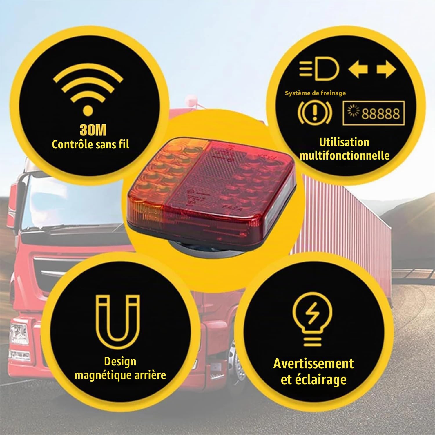Kit De Feux Arrière De Remorque Magnétique Sans Fil 12v/24v Approuvé Ece,Éclairage Remorque Wireless Étanche,Kit Éclairage Arrière Feu Led Pour Remorque,Camion,Caravane Ou Poids Lourd