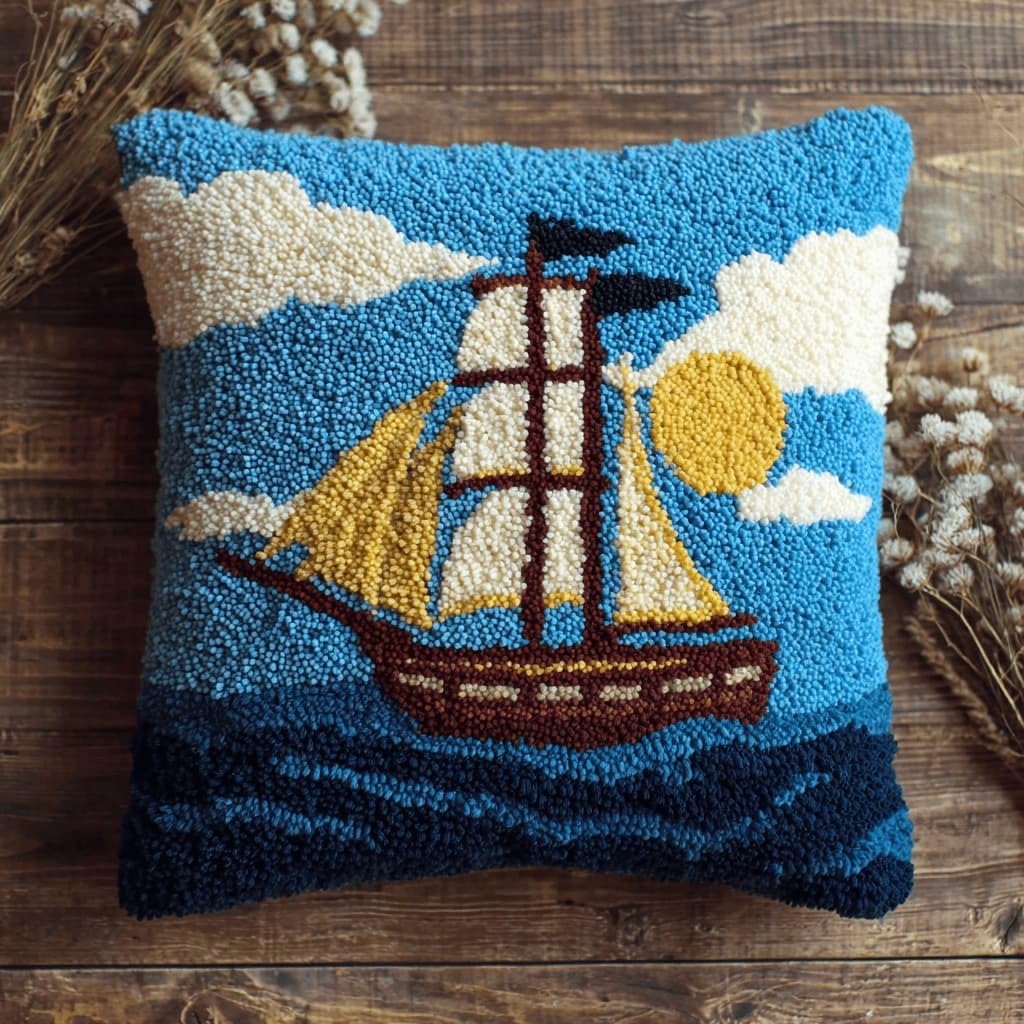 Latch Hook Pillow Kit For Adults,Sailboat 17X17In Latch Hook Kit For Pillow Cover With Instruction For Beginner Cross Stitch Sofa Cushion Cover With Crochet Yarn For Beginners And Home Decor