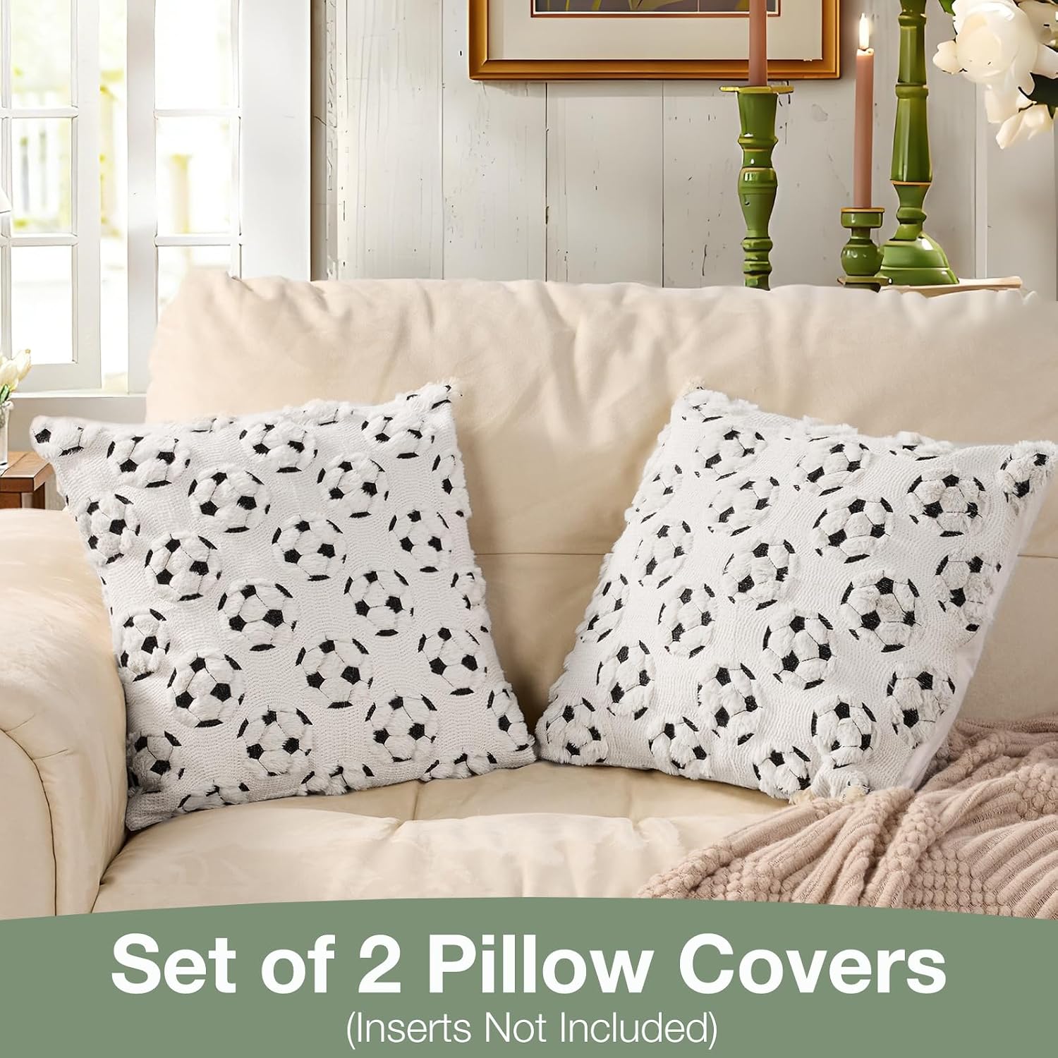 GODELAIF Soccer Throw Pillow Covers 20x20 Set of 2 - White Velvet Pillow Cases for Couch Sofa Living Room & Bed Clean Modern Decor, Soccer Pillowcase Sports Fan Gift
