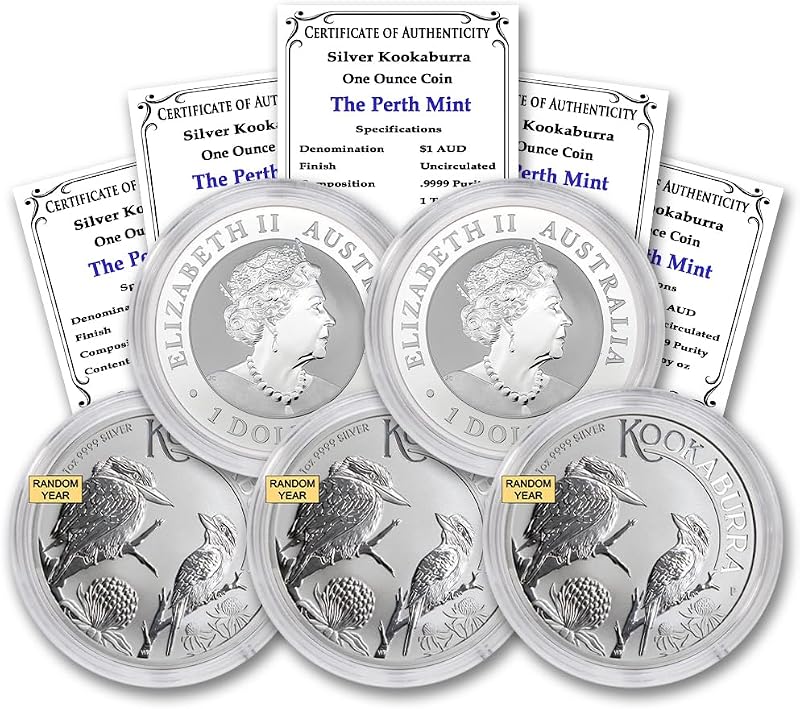 1990 - Presente P Lote de (5) Kookaburra de Plata Australiana de 1 oz $1 Vendedor BU | Año aleatorio: moneda brillante sin circular en cápsula con certificados de autenticidad