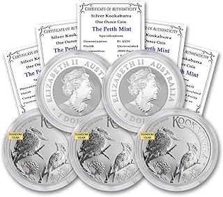 1990 - Present (Random Year) P Lot of (5) 1 oz Australian Silver Kookaburra Coins Brilliant Uncirculated (in Capsule) with Certificates of Authenticity $1 Seller BU