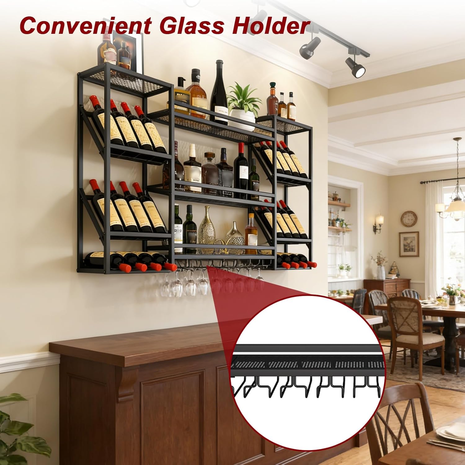 Wall Mounted Wine Rack Holds Bottles at 3 Tilt Angles (45° 90° 180°), Metal Floating Bar Shelves with Glass Holder, 4-Tier Wine Bottle Display Shelf for Home Bar Dining Room (Black, 55in)