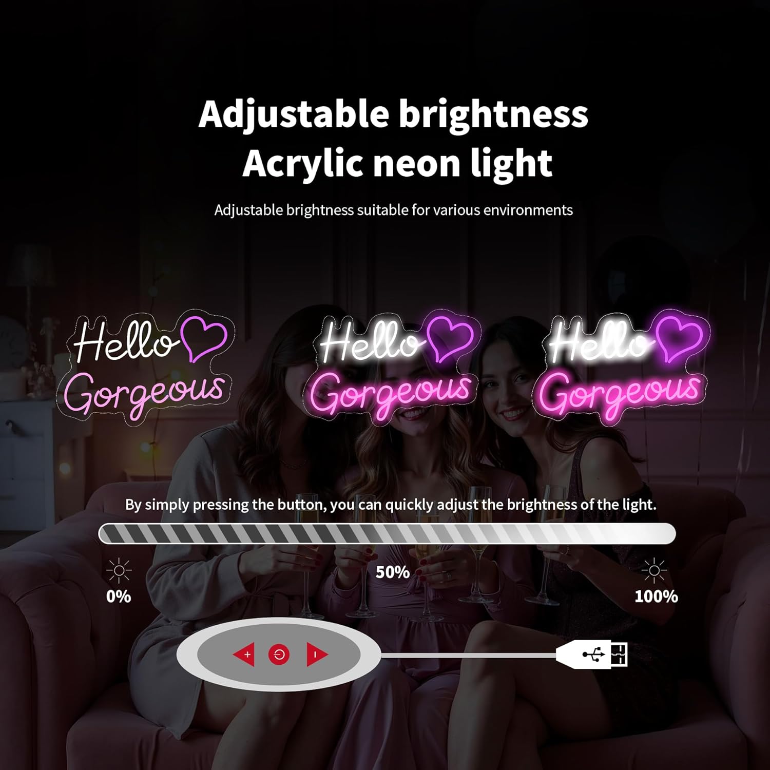 Hello Gorgeous Neon Signs for Wall Decor, for Sign with Dimmable Switch - for Girls Bedroom, Makeup Room Decor Home Wedding Birthday Backdrop (16in White+Pink)