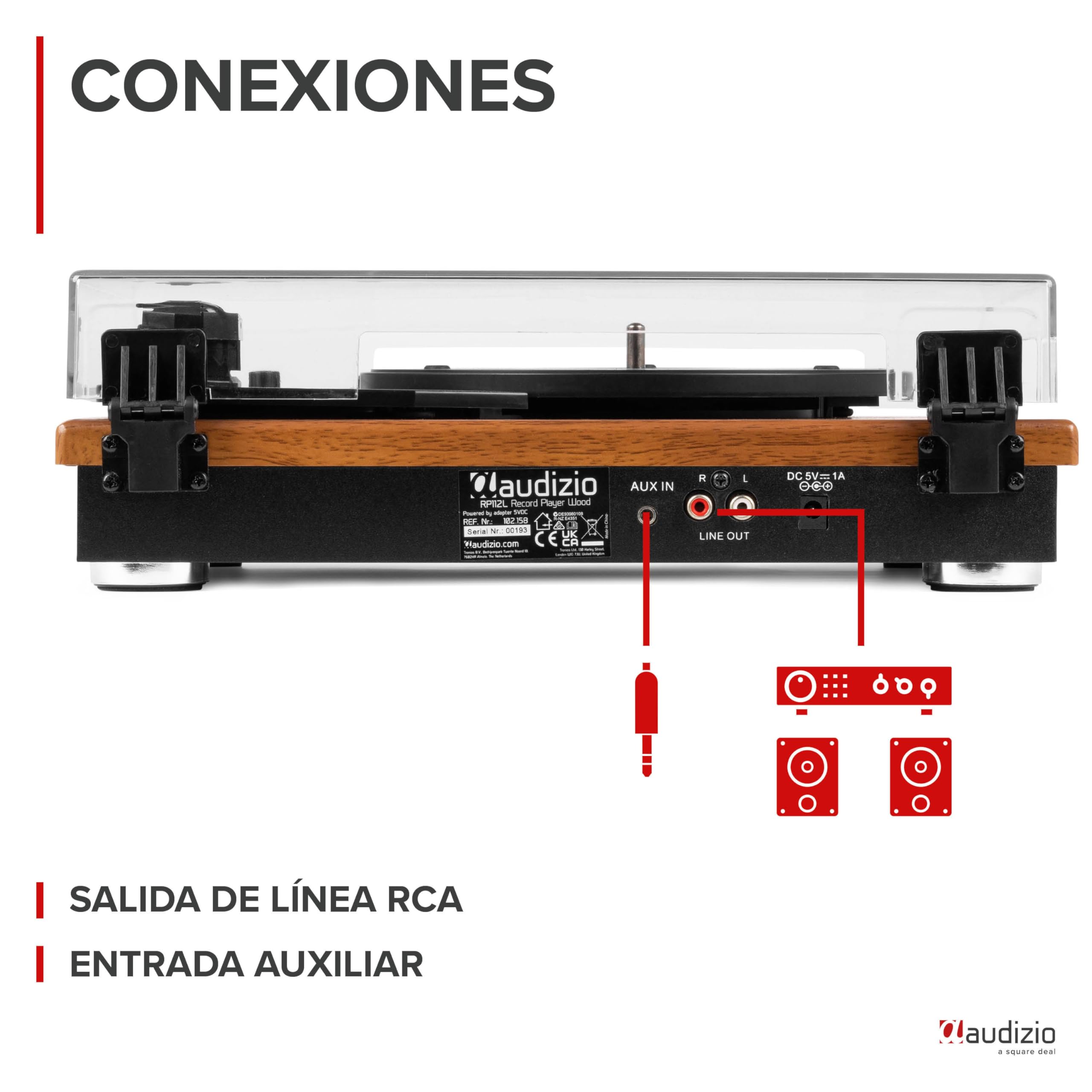 Audizio RP112L Tocadiscos de Vinilo Retro de Madera con Bluetooth, giradiscos de 3 velocidades, Apto para Todos los tamaños de Vinilo, se Conecta a un Altavoz Incorporado con Bluetooth, Salida RCA