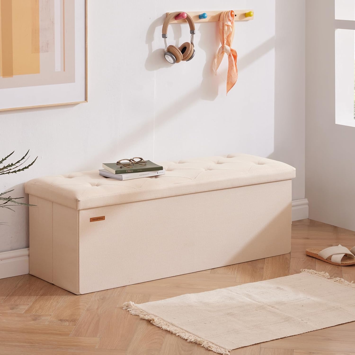 HAUSFRAU Storage Ottoman Bench with Flipping Lid, 43.3 Inches Storage Chest Footsrest, Folding Foot Stool for Entryway, Living Room, Bedroom, Linen Beige - Image 5