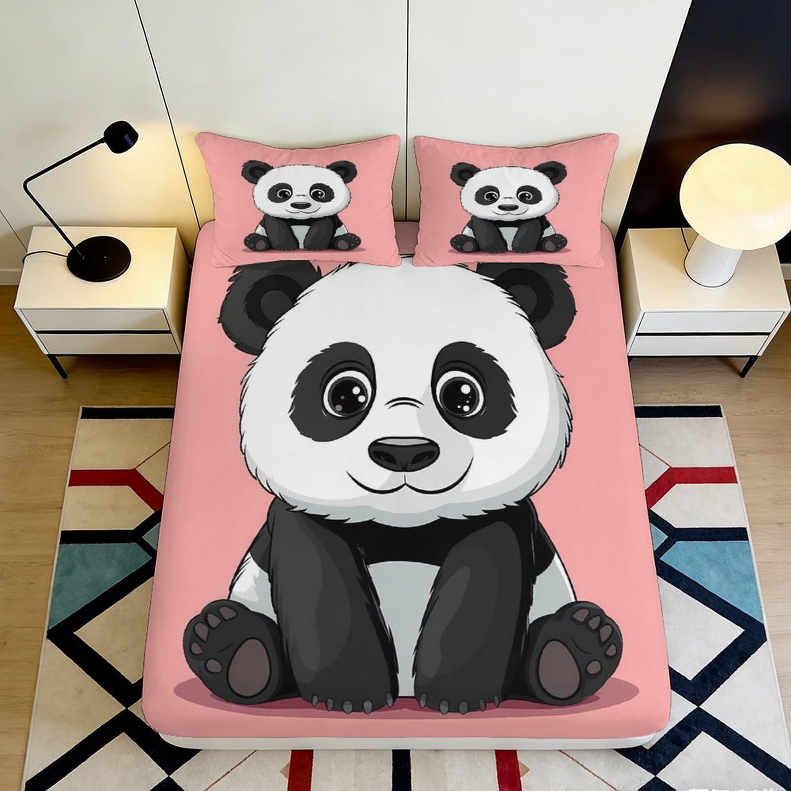 3D Printed Cute Panda Fitted Sheet Microfiber Soft Pink 3D Printed Cartoon Bed Cover for Bedroom Dormitory Guest Room Mattress Protection 160x200x25cm