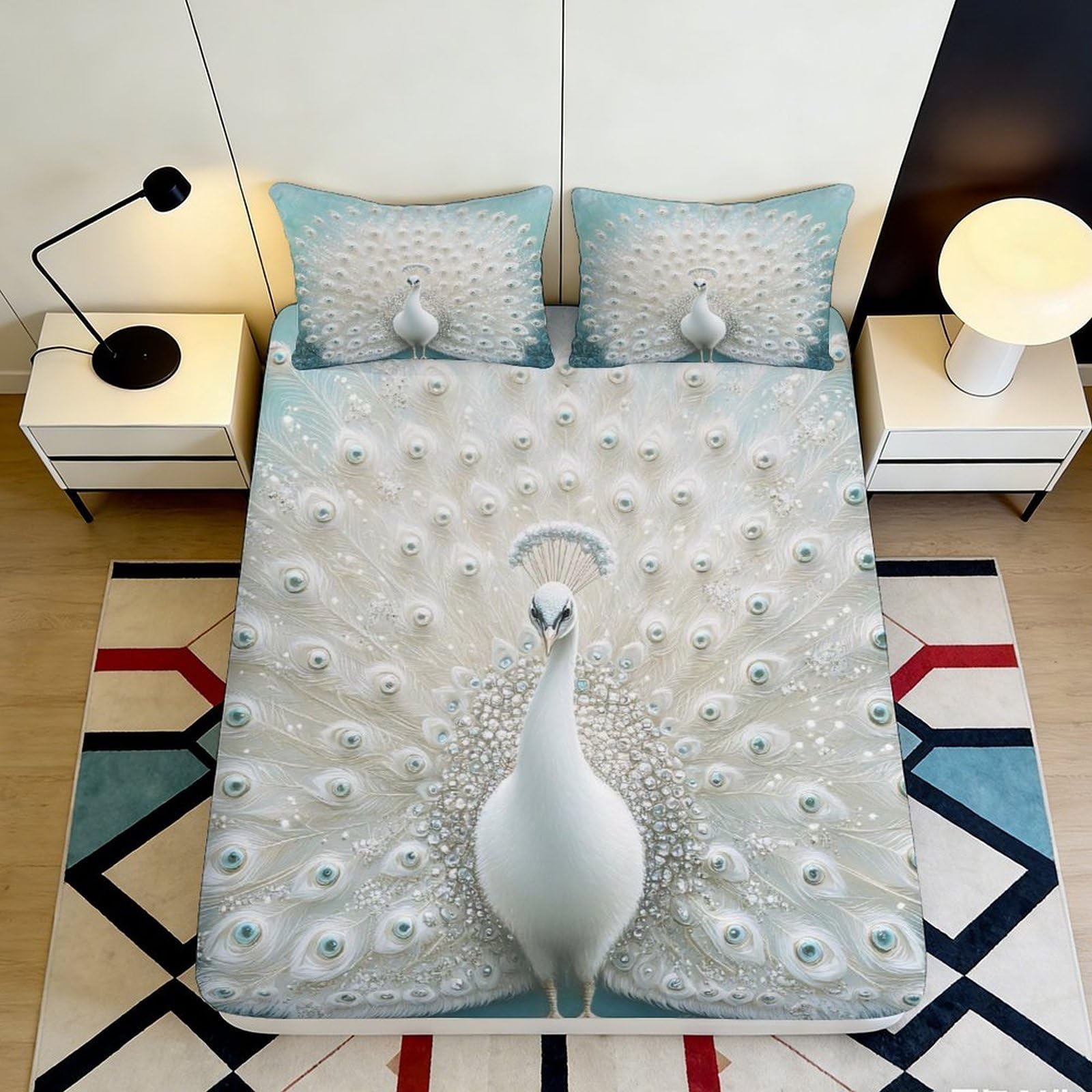 Jxqhbvmg Style-8 3D Printed Peacock Fitted Sheet Microfiber Deep Pocket Bedding Set Peacock Mattress Fitted Cover Non-Slip Washable 90X200x25cm