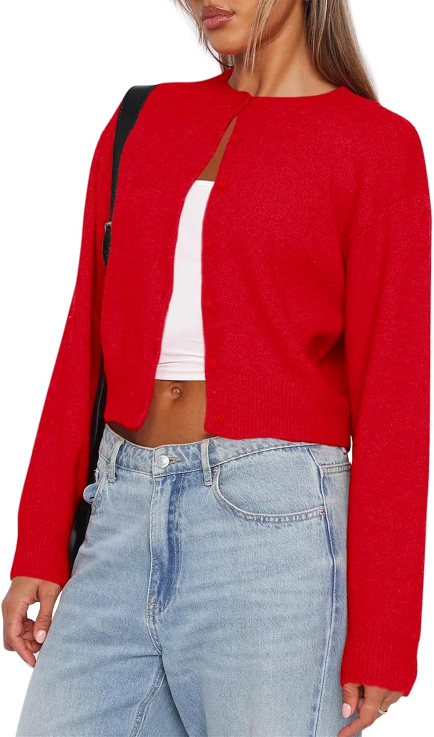 Balimtoy Women's Cropped Cardigan Sweaters Long Sleeve Button Down Sweaters Knit Cardigan Cute Y2k Open Front Crop Top