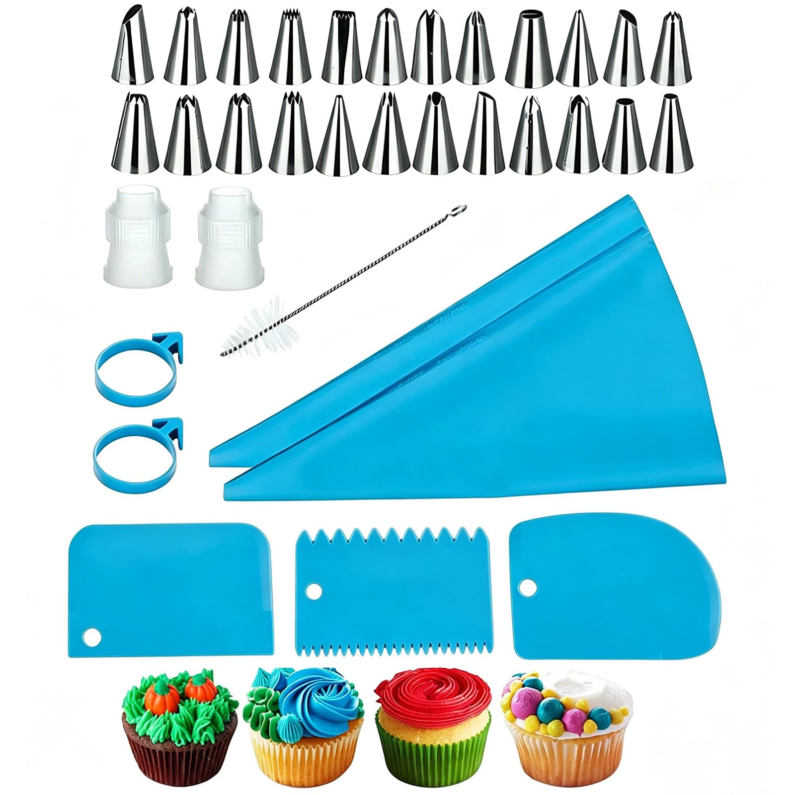 24-Piece Piping Bags and Tips Set, Food Grade Silicone Pastry Bags and Nozzles, Reusable Cake Decorating Supplies for Cupcake Icing and Baking, Blue-image-15