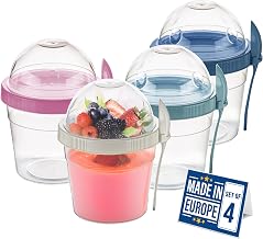 Crystalia Set of 4 yogurt cups perfect for moving 17oz with lids, filling compartment and spoons, container for cereal, oatmeal, salad or fruit