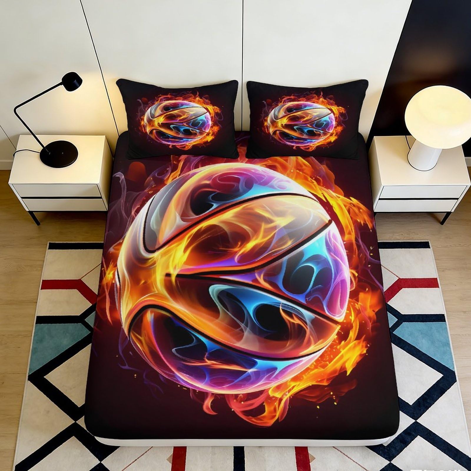 3D Printed Fire Basketball Fitted Sheet Microfiber Soft Breathable Flame Art Mattress Cover for Bedroom Guest Room Decor 160x200x25cm