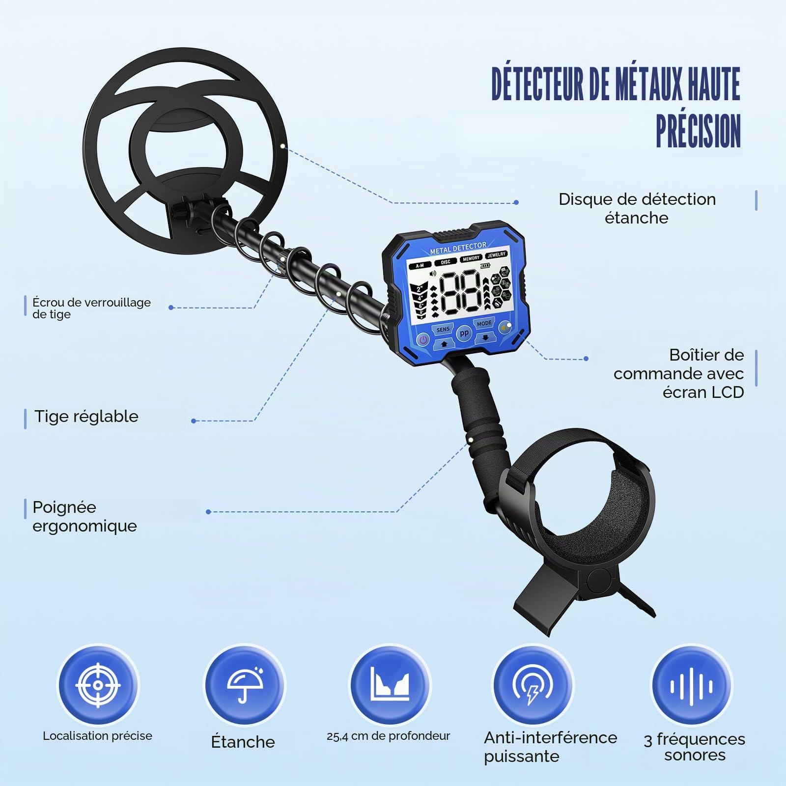 Détecteur de métaux Professionnel pour Adultes et Enfants, Puce Anti-interférence, étanche IP68, Prend en Charge la Batterie et l'alimentation USB, 5 Modes de détection (Bleu)