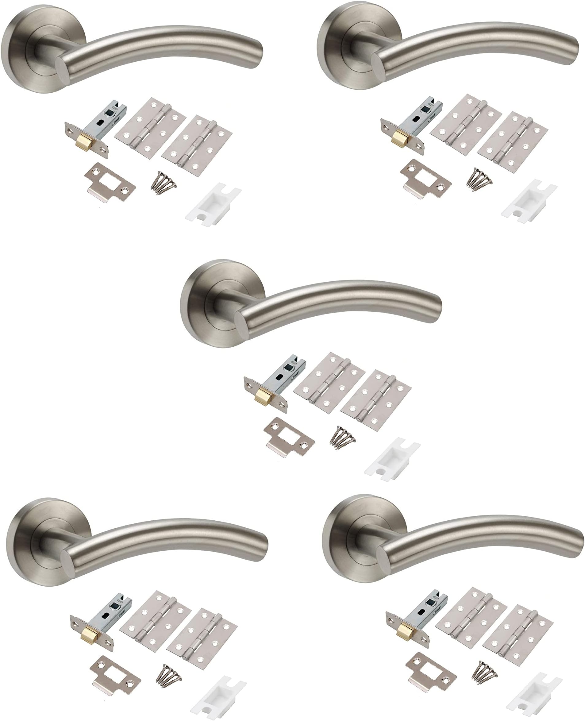 Golden Grace 5 Set's Door Handle Pack Internal C/w Latch Heavy Duty Ball Bearing Hinges Arched T-Bar Lever on Rose Furniture Stainless Steel