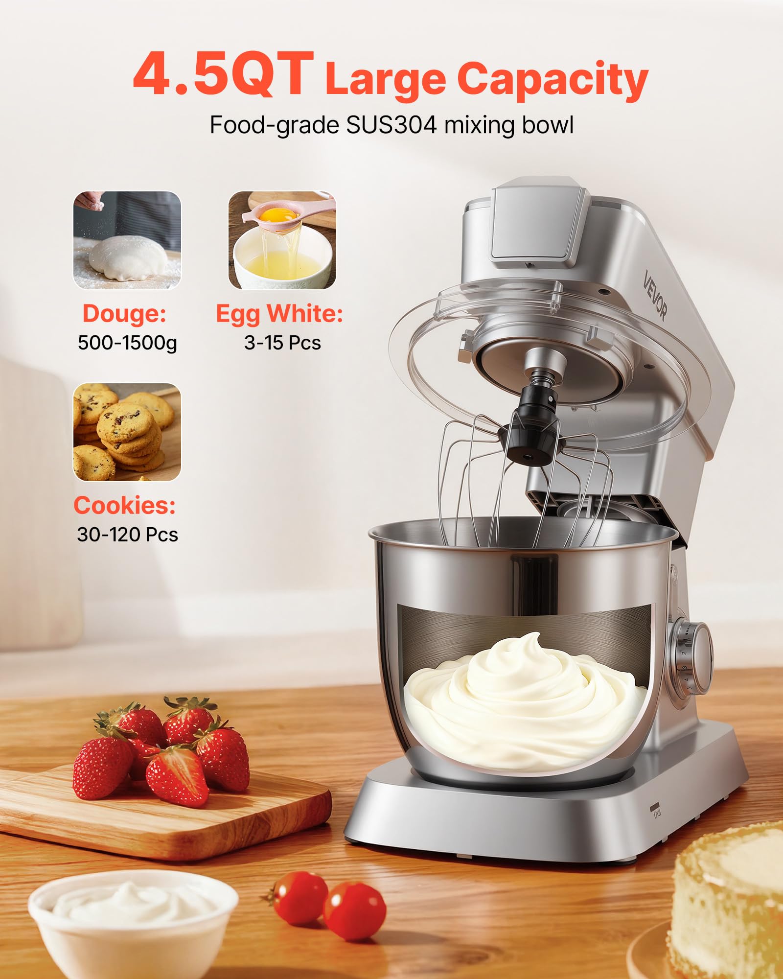 VEVOR Robot Pâtissier et Culinaire 4,3 L, Batteur sur Socle 1300 W avec Fonction Hachoir à Viande et Blender de 1,5 L, Batteur Mixeur 6 Vitesses avec Pulse, Bol en Inox, Mélange Fouettage Pétrissage