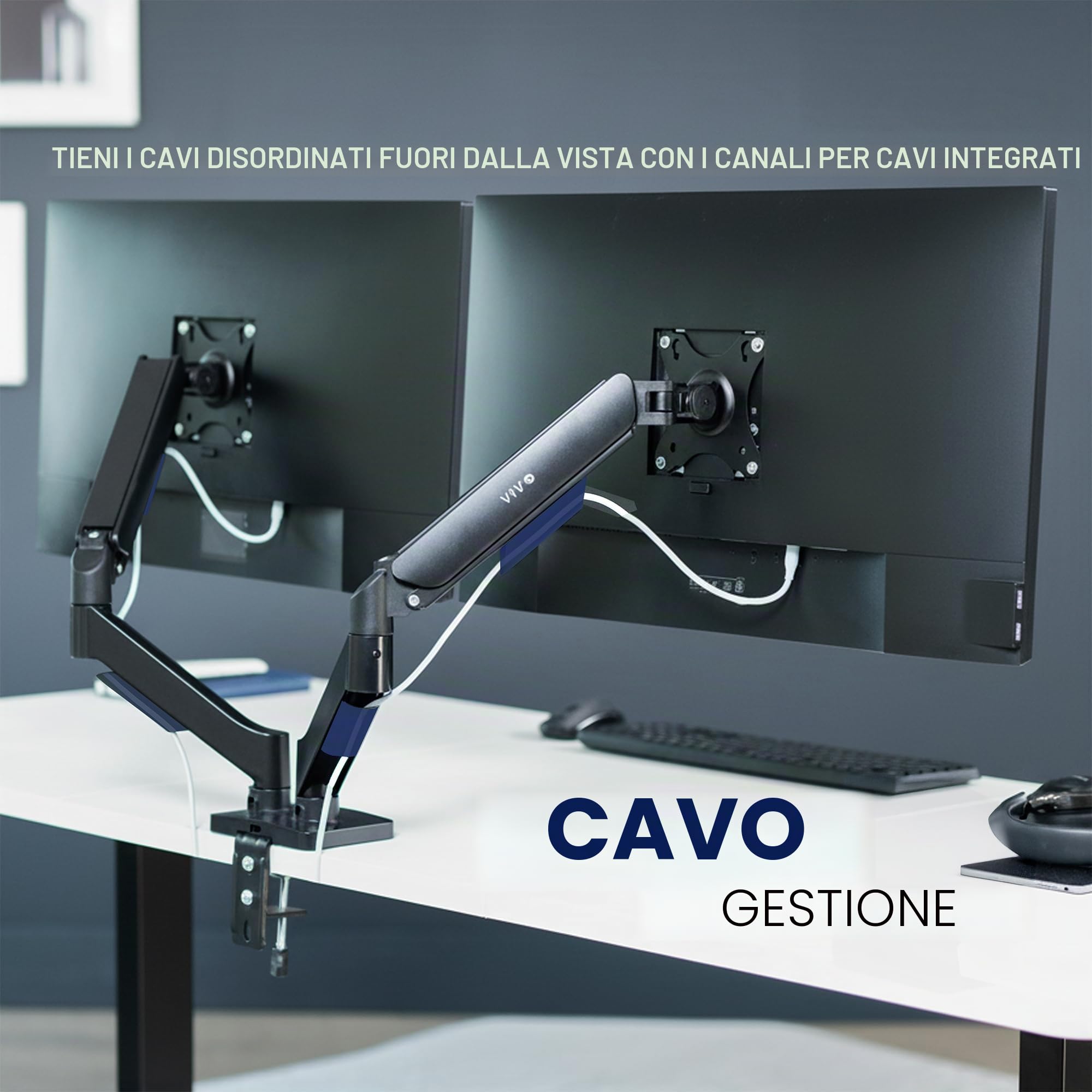 VIVO STAND-V002O - Supporto da scrivania per monitor a doppio braccio, regolabile in altezza, inclinabile, girevole, contrappeso, staffa VESA per la maggior parte degli schermi fino a 32", classico