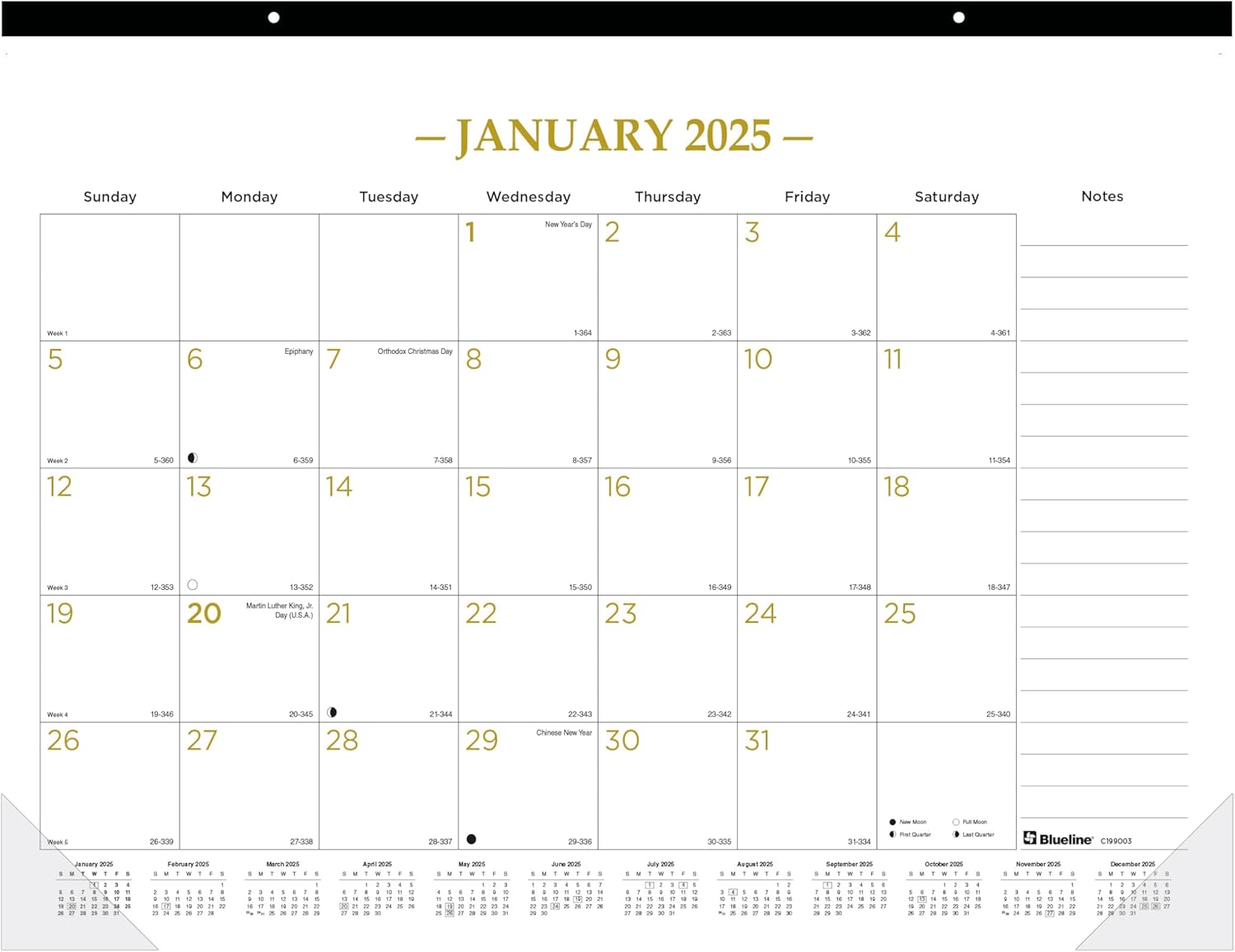 Blueline® 2025 Gold Collection Monthly Desk Pad Calendar, 12 Months, January to December, 22" x 17", Classic Gold, English (C199003-25)