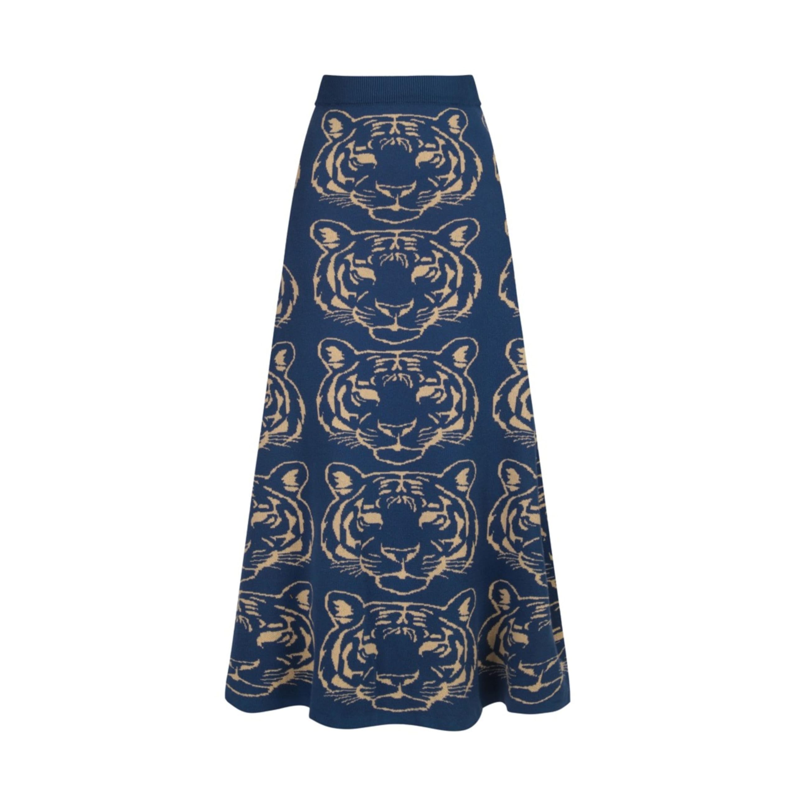 OXKnit Knittd Midi Skirts for Women, Mod Style Casual Retro Tiger Pattern High Waist A Line Cotton Blue Skirts Blue Small Long