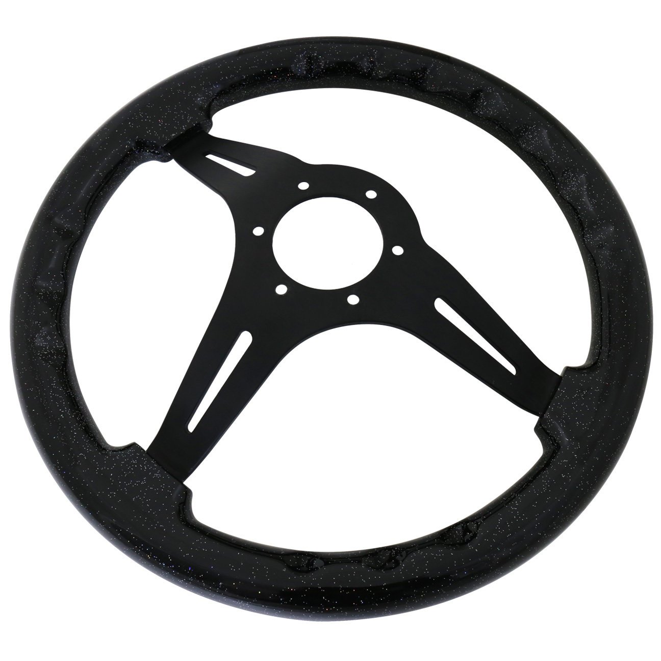 AJP Distributors Universal 345mm 6 Bolt Hole Deep Dish Black Wood Grain Metallic Sparkling Flakes Light Weight 3 Spokes Streak Design Steering Wheel Jdm Godsnow Horn Button Upgrade Drifting Track Drag