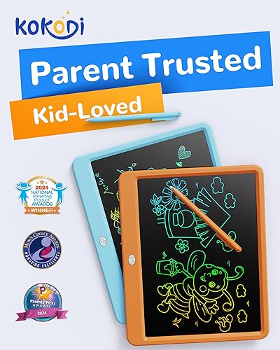 Vista 18 de KOKODI Tableta de escritura LCD, regalos para niños y niñas de 3 años, tableta de dibujo colorida de 10 pulgadas, almohadillas de dibujo Azul