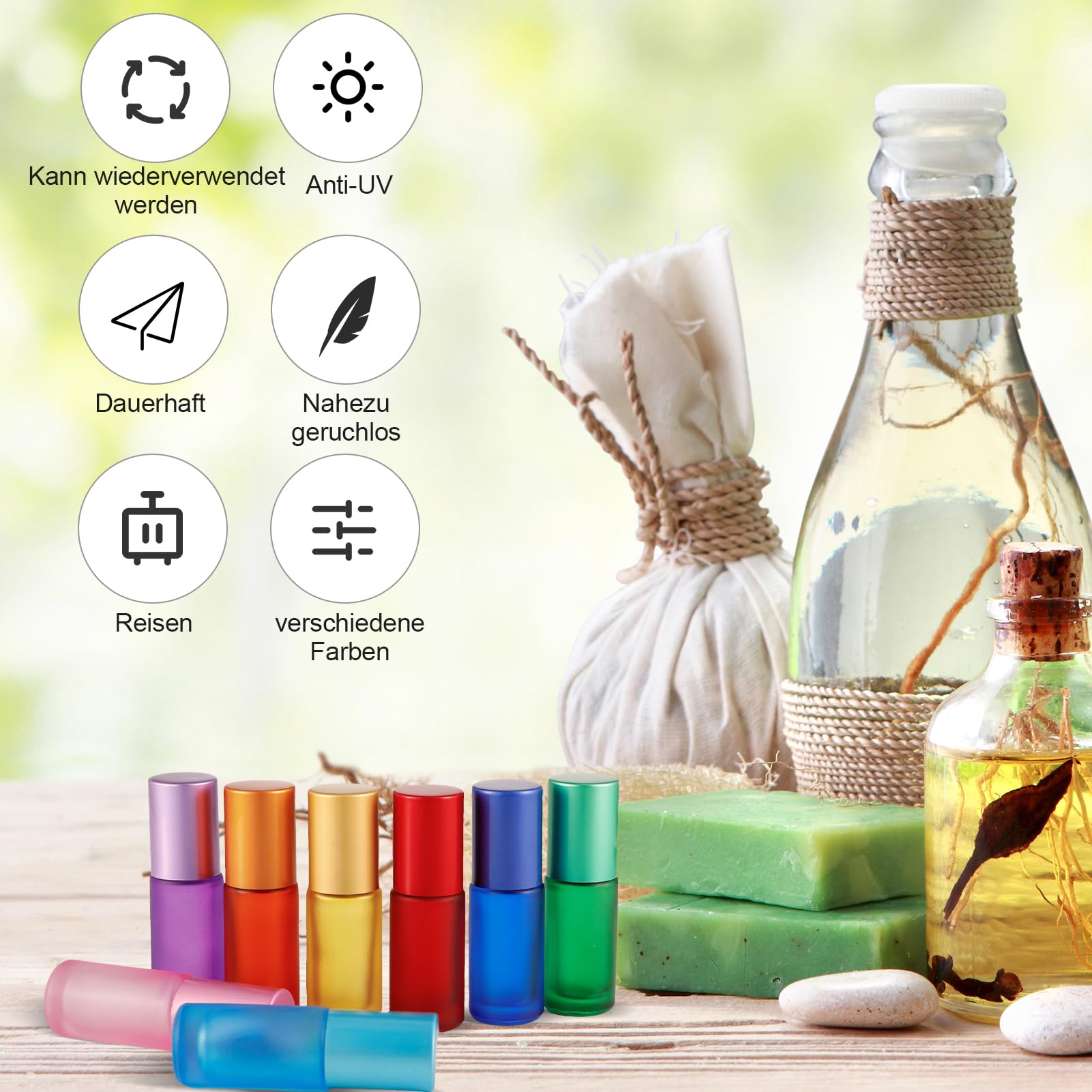 ConStore 8x5 Ml Roll-on-Flaschen Aus Glas – Bunt, Mattiert, Mit Edelstahl-Kugel, Für ätherische Öle & Aromatherapie