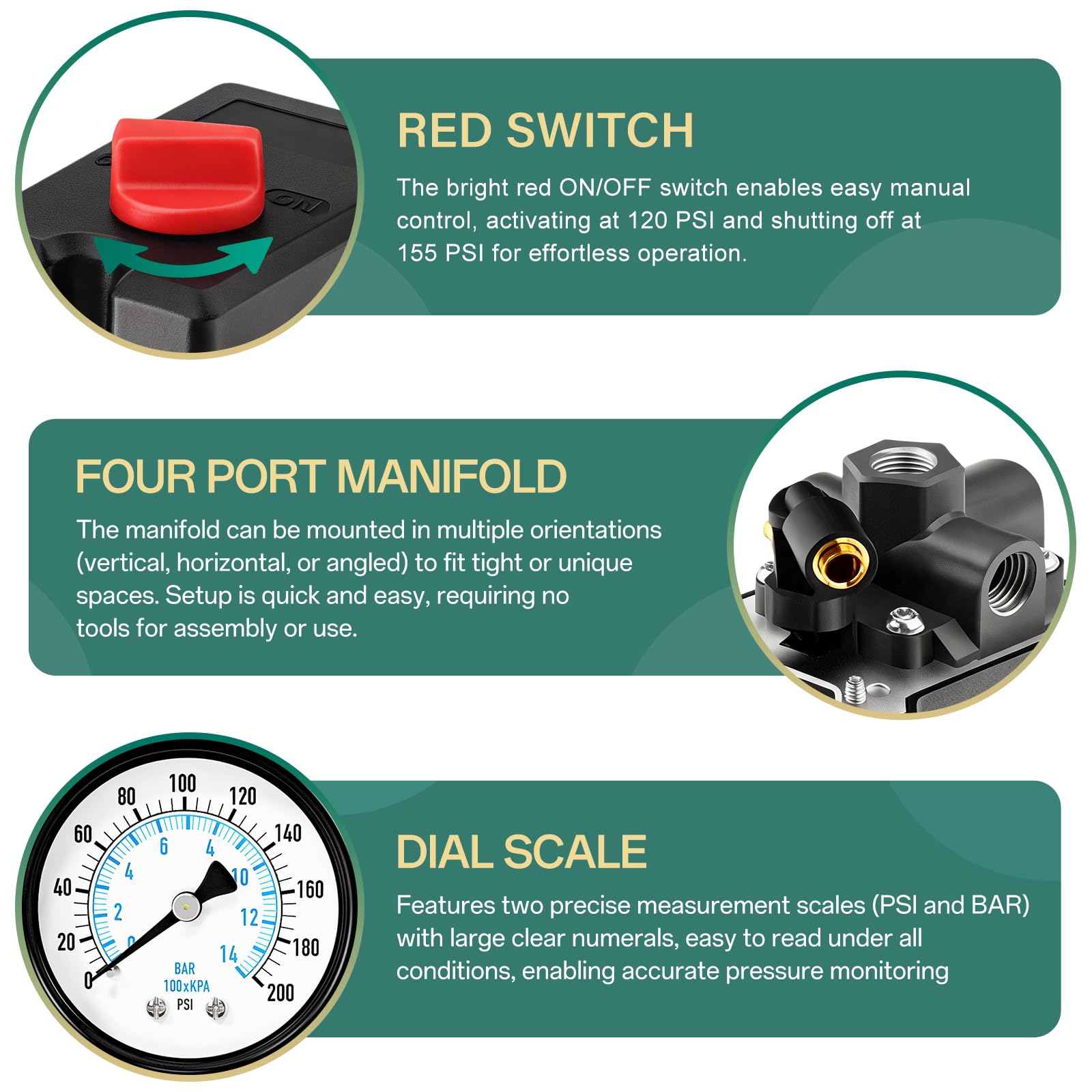 Kit valvola di controllo pressostato compressore d'aria a 4 vie, 120-155 PSI, parti di ricambio per porta laterale, 110 V-240 V, con filtro dell'aria AFR2000 regolatore di pressione e
