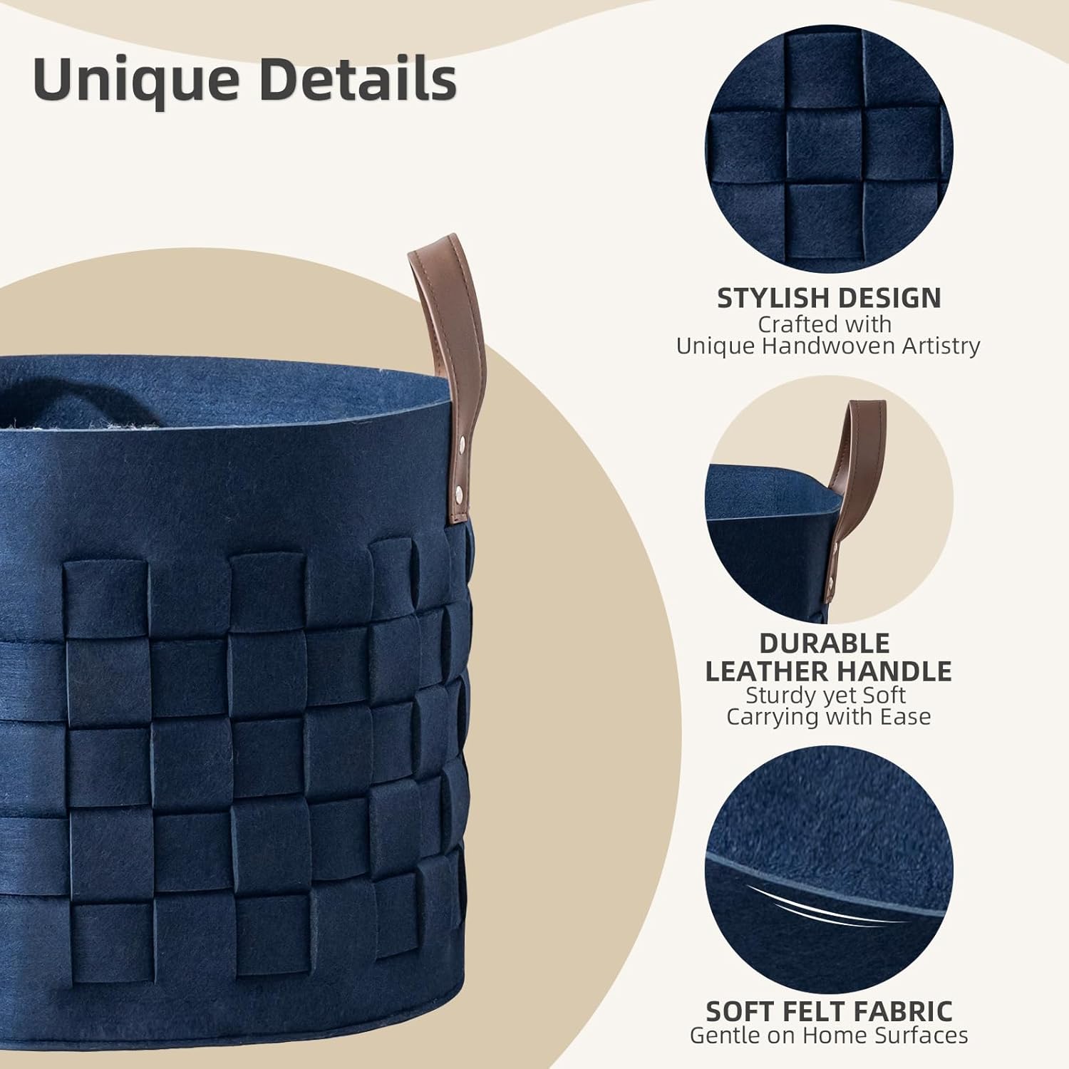 BOLDMONKEY Laundry Basket 15" x15 " x13 " 2 Pack, Round Blanket Basket with Leather Handle, Felt Storage Basket for Living Room, Nursery, Dog Toys-Dark Gray