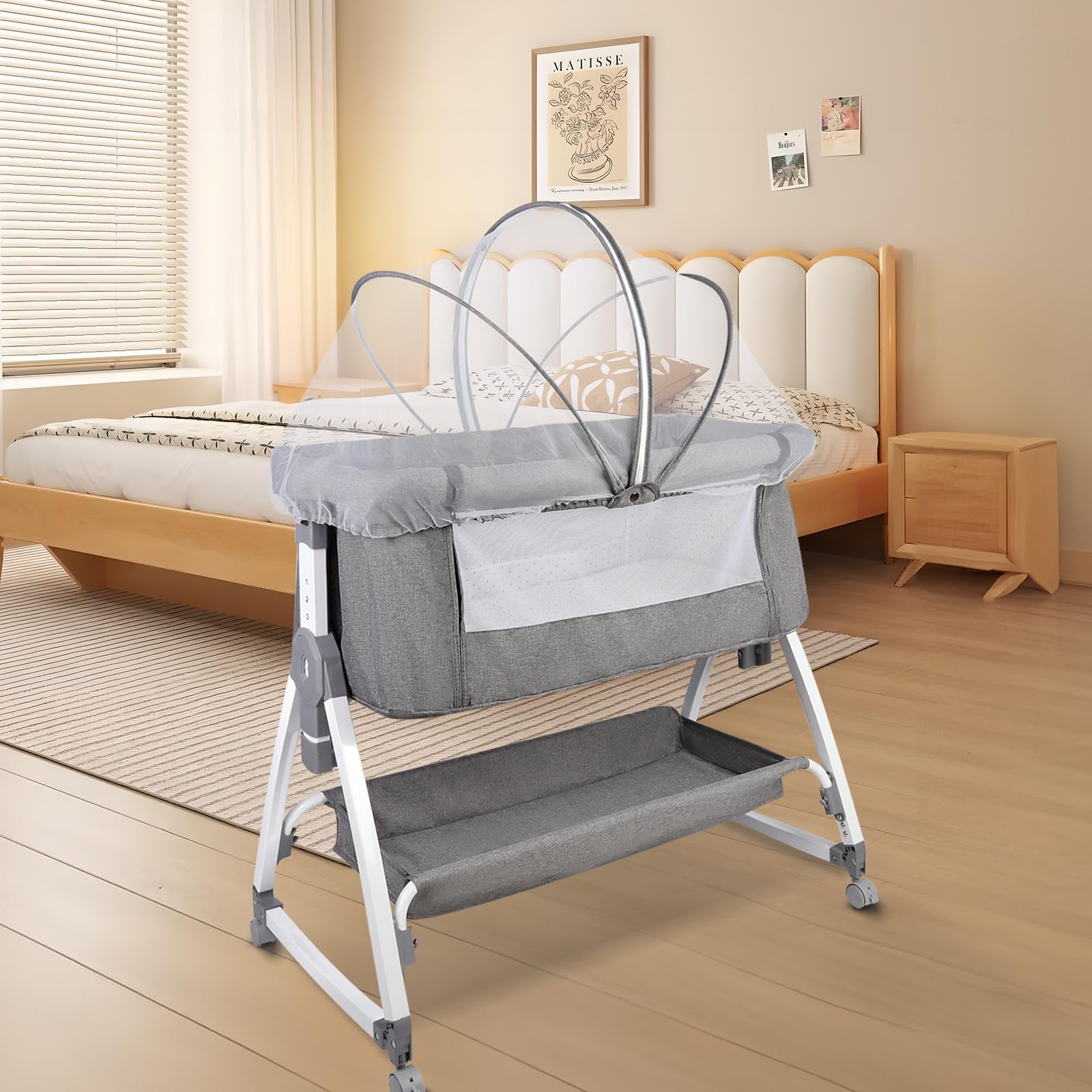 HUOLE Łóżeczko dziecięce 3 w 1 do 30 kg, łóżeczko bujane, regulacja wysokości i nachylenia materaca, 4 kółka z hamulcem, ergonomiczny materac, torba-80 x 40 x 100-115 cm-len