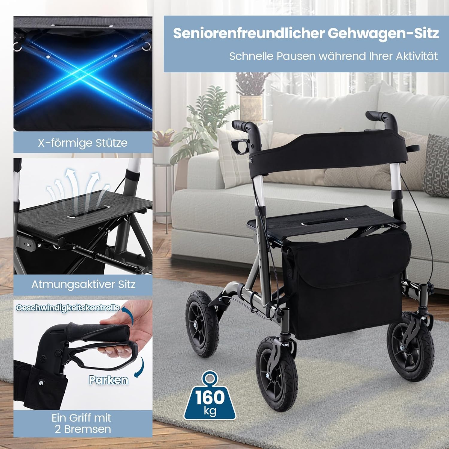 FANTASK Rollator mit Sitz für Senioren, Rollatoren Aluminium 6-fach höhenverstellbar, faltbar und leichtgewicht Laufhilfe mit Luftbereifung, 2 in 1 Rollstuhl & Reiserollator bis 136kg (Schwarz)