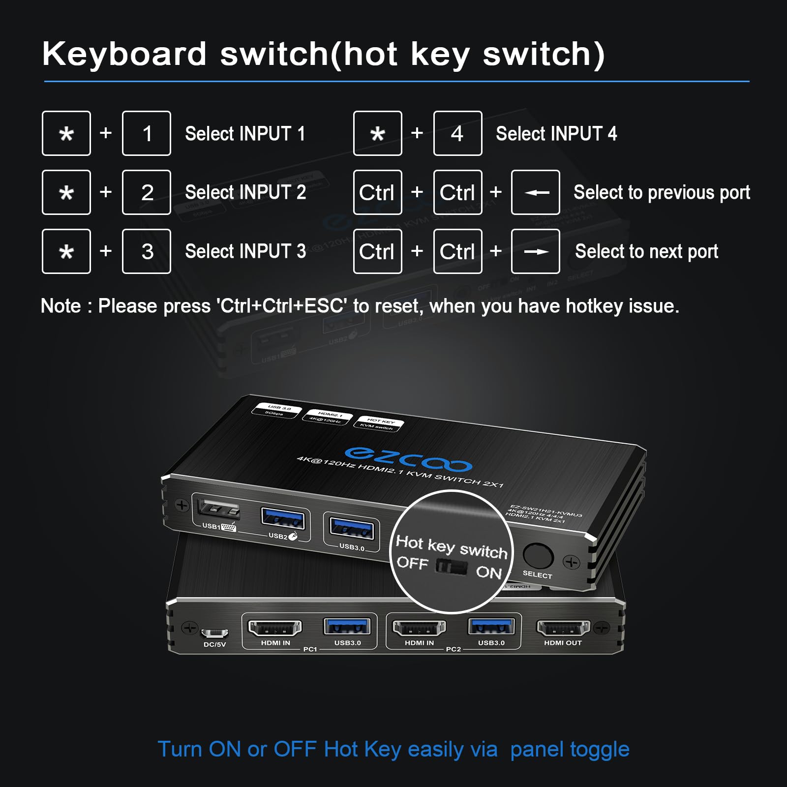 8K 60Hz 4K 120Hz HDMI 2.1 KVM Switch USB 3.0 2 porte con Hotkey 48Gbps Condividi 2 computer con una tastiera Mous HDR D-olby Vision HDCP2.2 Telecomando USB3.0 Cavo incluso
