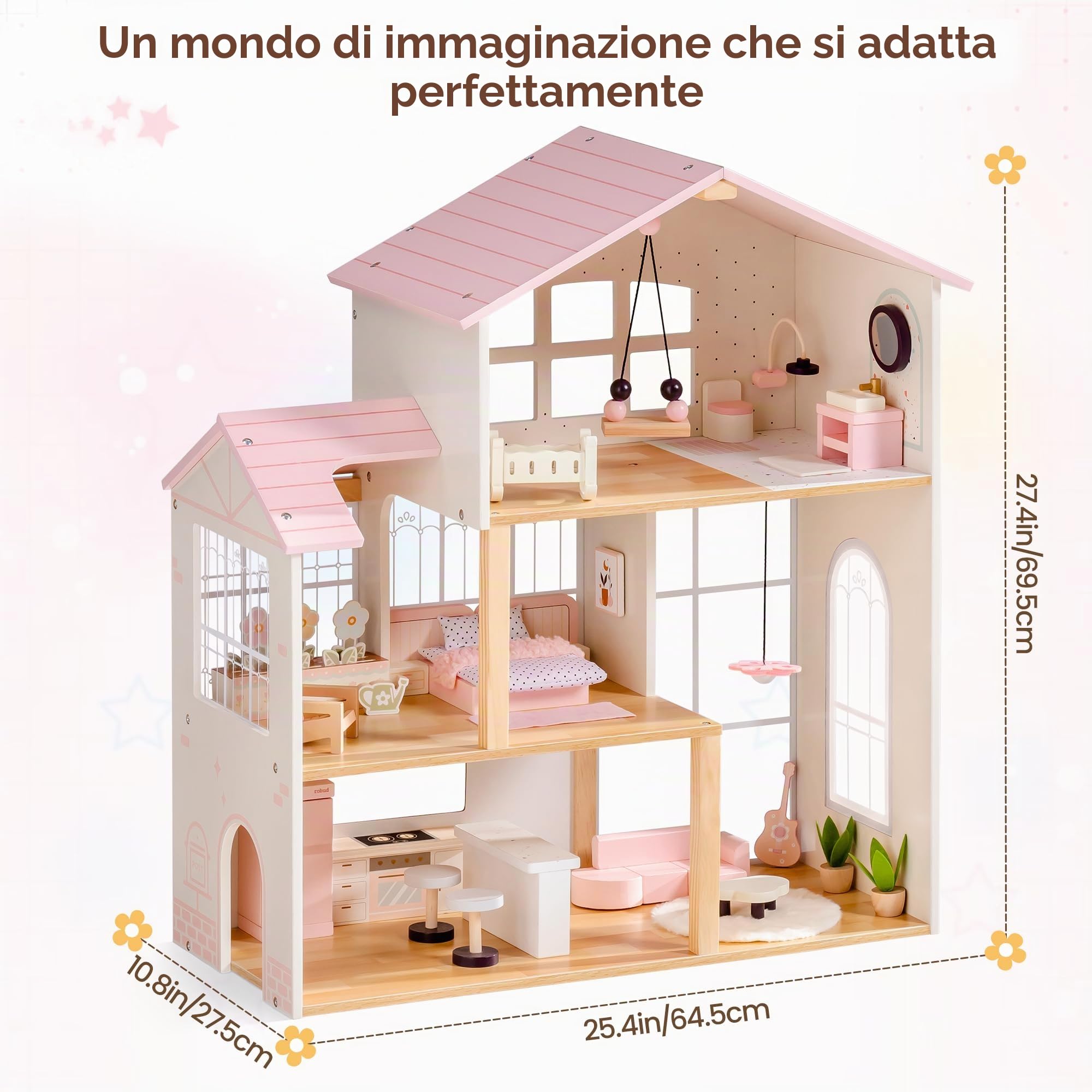 ROBUD Casa delle Bambole in Legno, Casa delle Bambole a 3 Piani con 37 PCS di Mobili Giocattolo e Accessori per Bambole - Casa delle Bambole per Gioco Simulativo con 5 Stanze e Serra, Giocattolo