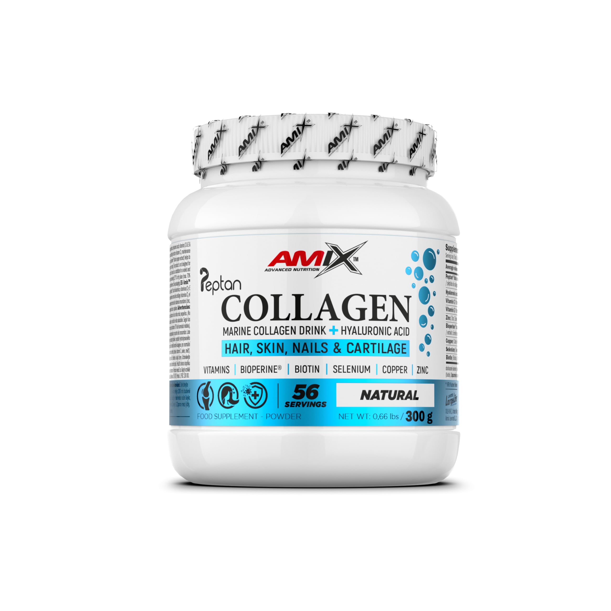 Amix™ Marine Peptan®Collagen Drink - Colágeno Marino Peptan® con Ácido Hialurónico, Vitaminas C y E, Zinc, Selenio y Biotin - Complemento alimenticio - Polvo - 300 g - Sabor: Natural