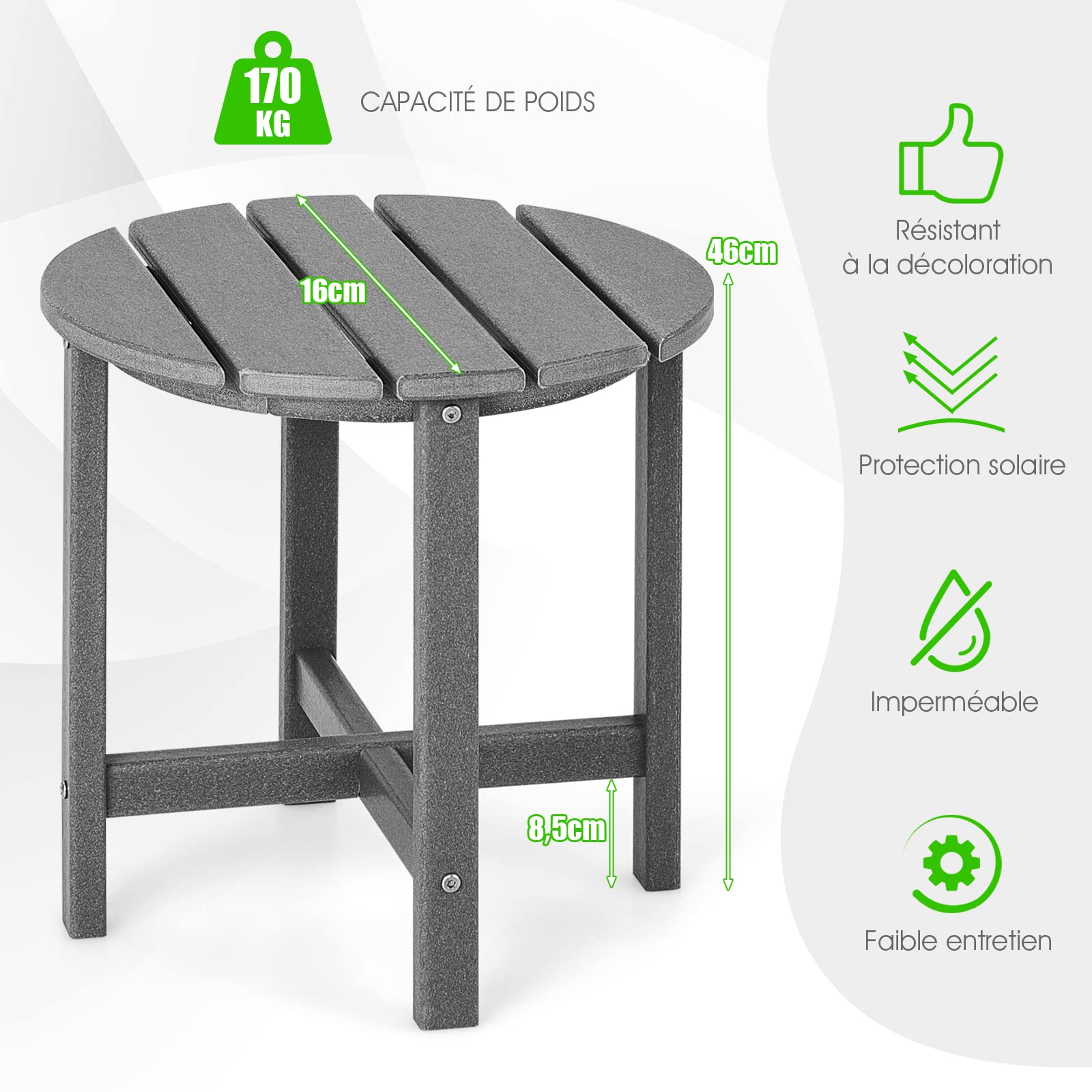 COSTWAY Table d’Appoint Extérieure en HDPE Résistante aux Intempéries Charge 100KG, Table Basse de Jardin Ronde Design Adirondack, pour Patio Terrasse Cour 46 x 46 cm, Gris