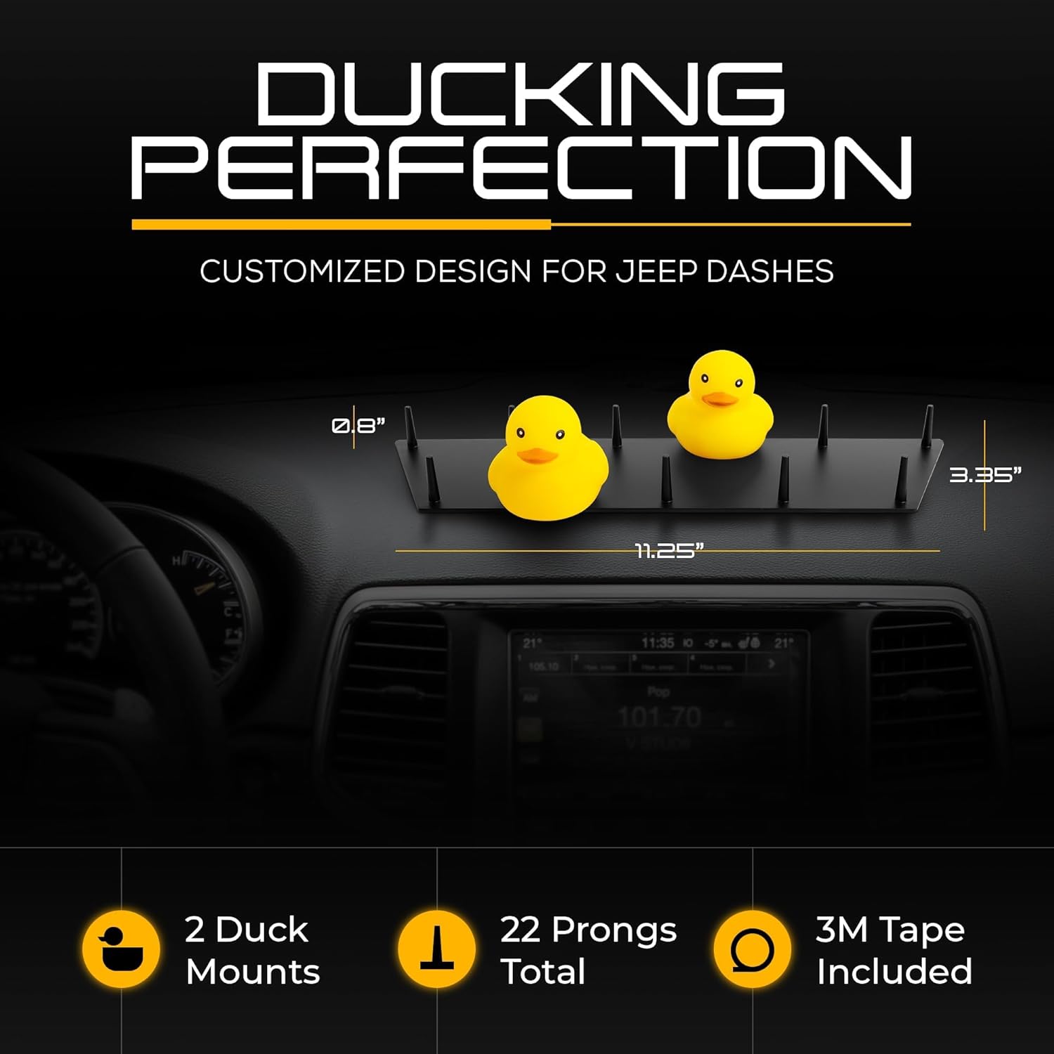 WANDER CAMP Metal Mounts Jeep Duck Holder for Dash - 11 Prong Rustproof, Aluminum Displays & 3M Tape for 4x4 Rubber Ducks with Nonslip, Tapered Pegs - Landing Pad Jeep Gifts Dashboard - 2 Pack