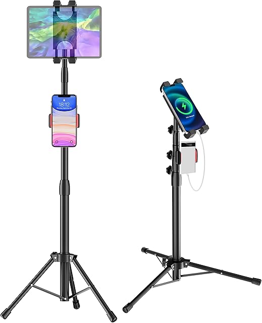 iPad Tripod Stand, Height Adjustable Tablet Floor Stand with 2 Holders for iPad Pro 12.9/11/10.5/9.7, iPad Air, iPad Mini 6/5/4/3/2, Samsung Tab, Switch and All 4-13in Tablets and Phones