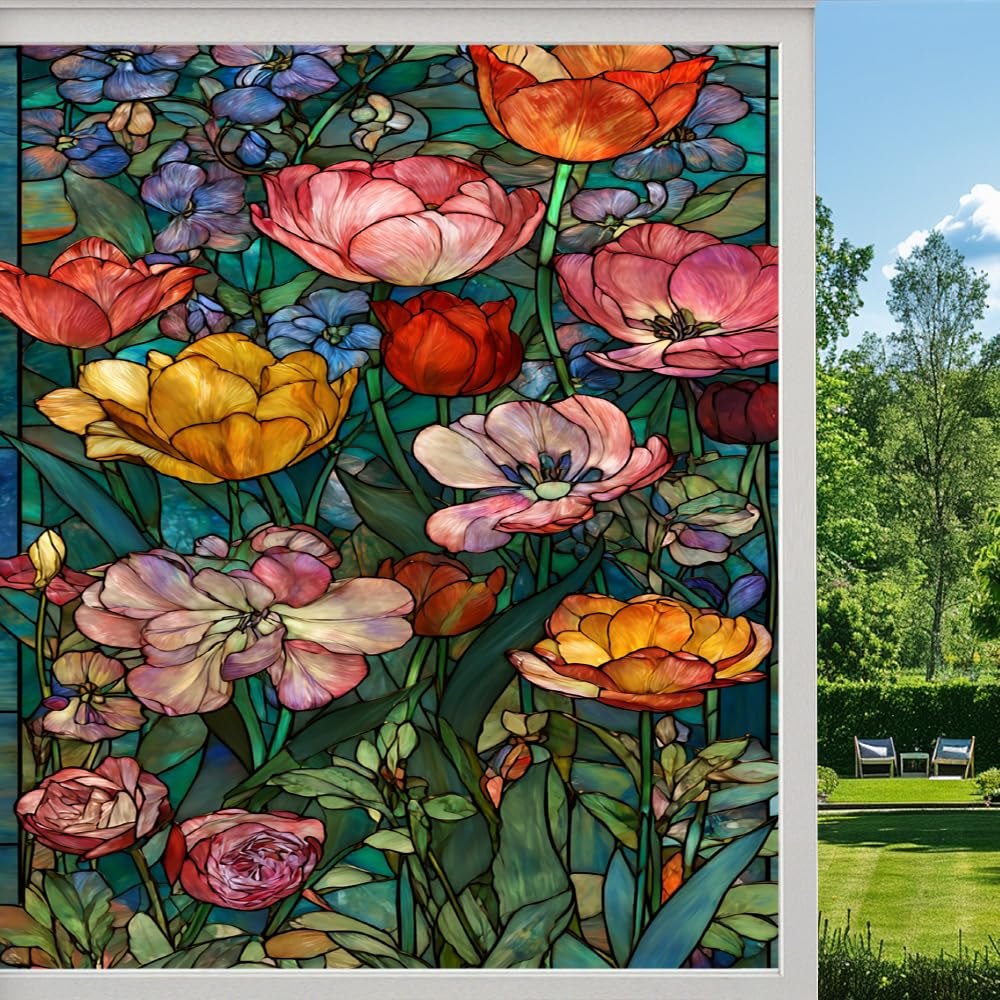 Pmlbaous Abstract Flowers Frosted Window Film, Colorful Tulips Natural Plants Stained Glass Privacy Film, Heat Insulation Self-Adhesive Vinyl For Bathroom Office, （45X90cm）