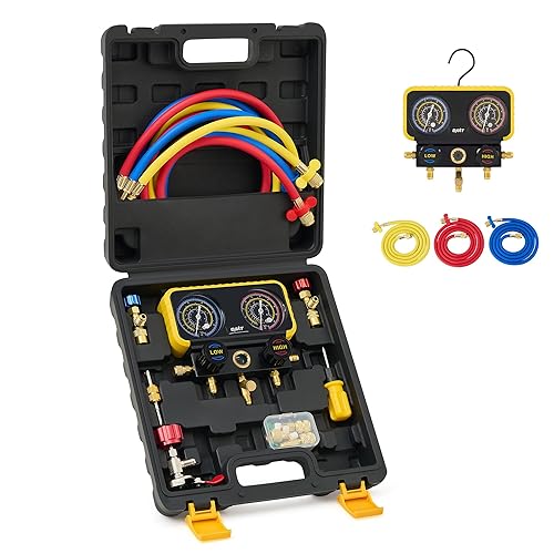 Orion Motor Tech R410a Gauges, AC Manifold Gauge Set for R22 R32 410A 134A Refrigerant, 3 Way AC Gauges R410a Manifold Set with R410a R22 Safety Valves, 3 Hoses, R410a Adapters, Universal Can Tap