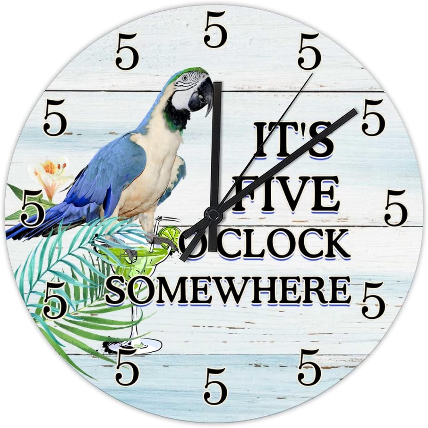 12 Inch It's 5 O'Clock Somewhere Parrot Wall Clocks Battery Operated Tiki Decor Decorative Clock Round Clock for Living Room Bedroom Kitchen Farmhouse Decor