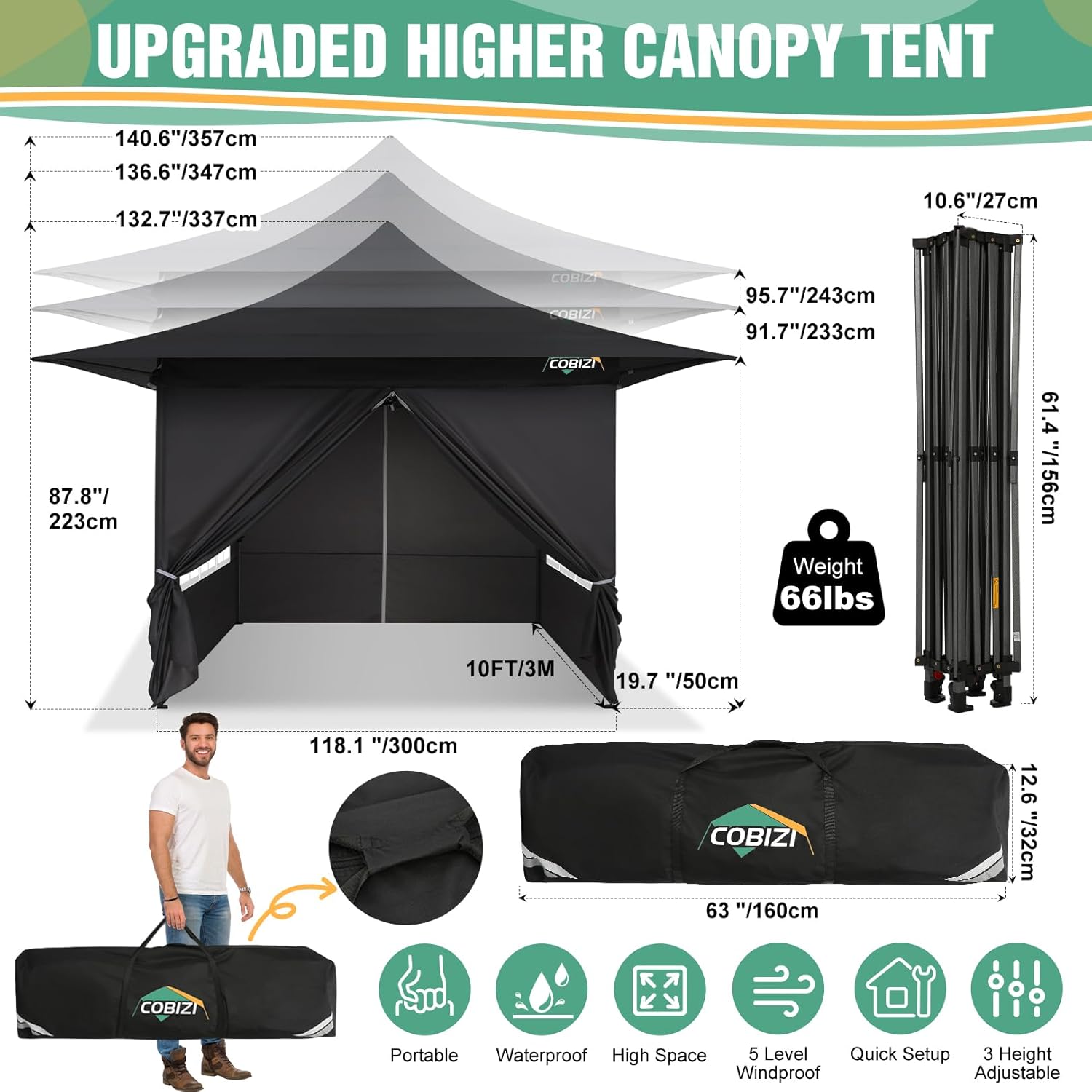 COBIZI 13x13 Heavy Duty Pop Up Canopy with 4 Sidewalls, Commercial Outdoor Party Tent with 4 SandBags for Events, Parties and BBQs, All Season Waterproof & Height Adjustable, Black