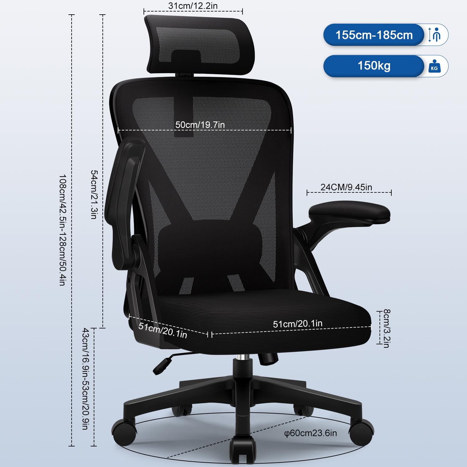 Bürostuhl Ergonomisch mit Verstellbarer Kopfstütze Armlehnen Lendenwirbelstütze Drehstuhl Wippfunktion 135° 150kg