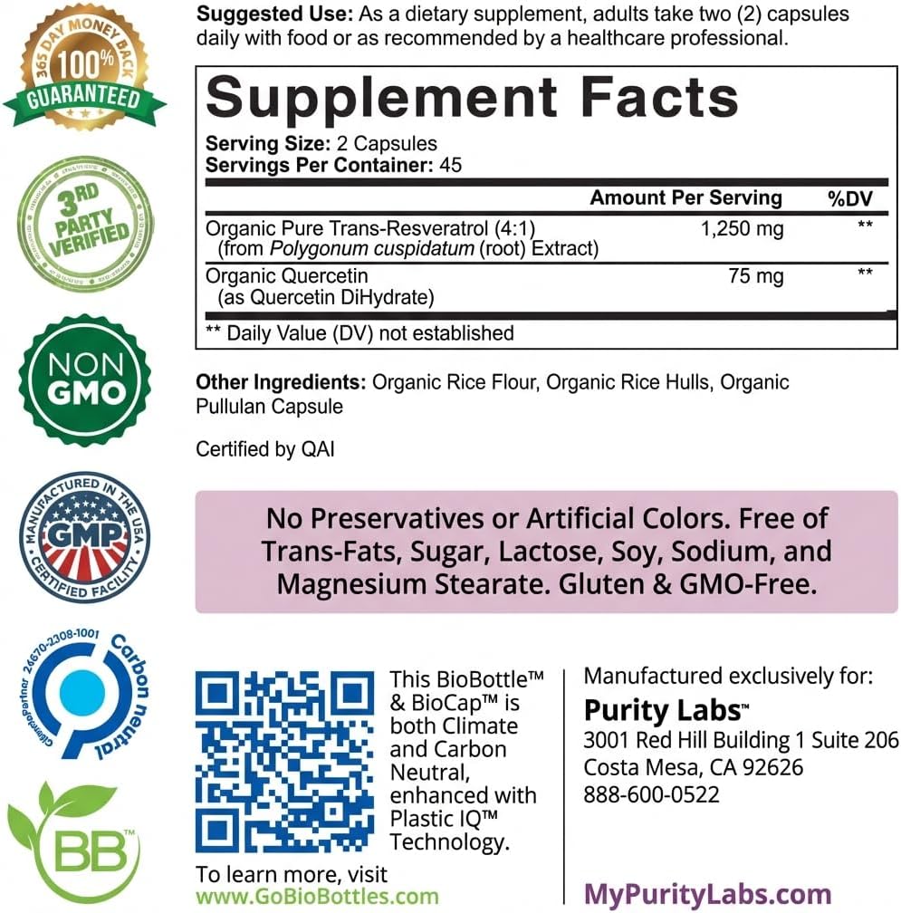 Purity Labs Trans-Resveratrol Supplement 5,000 mg Equivalent per Serving with Quercetin, USDA Organic High Potency Antioxidant, Vegan Capsules, 90 Count