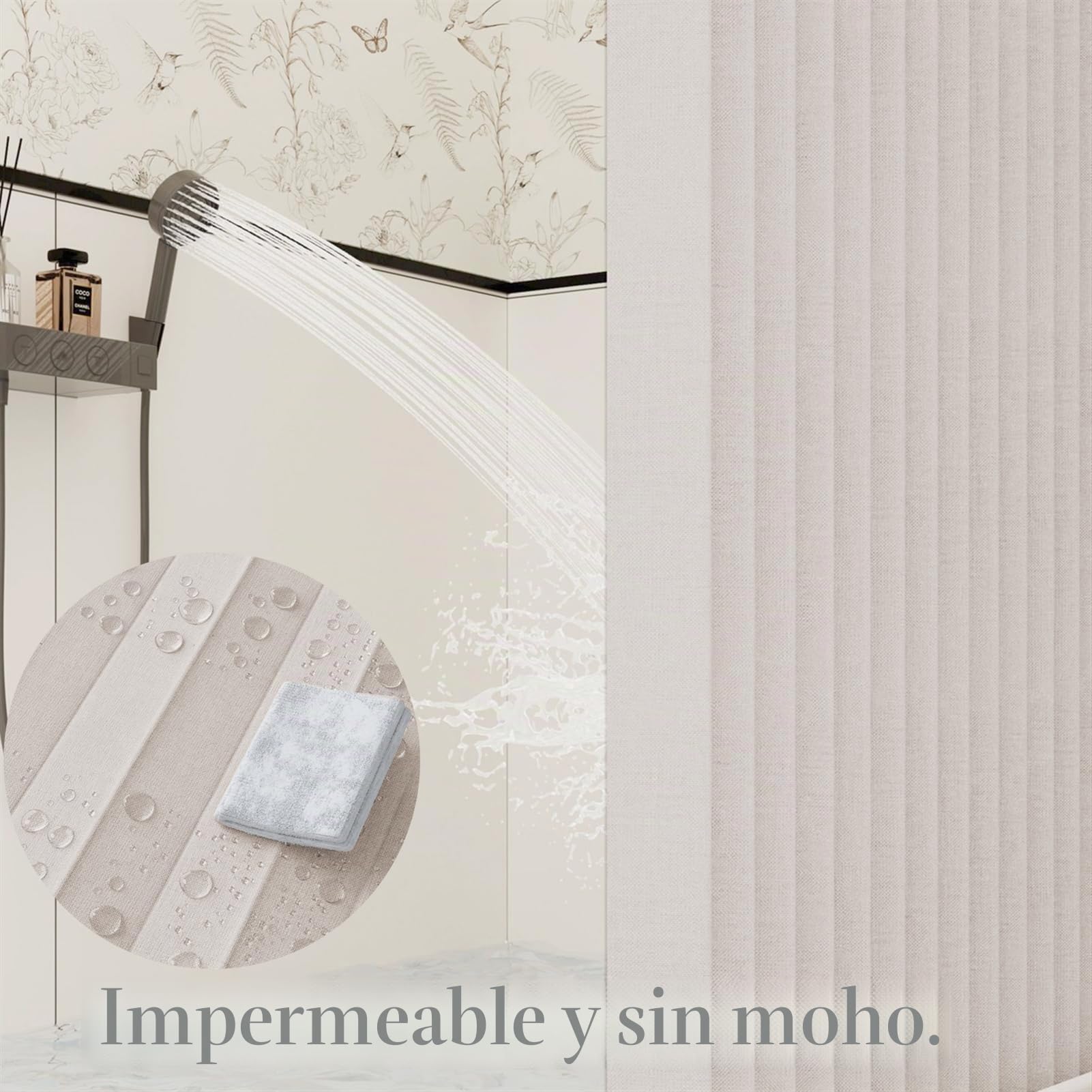Cortina de Ducha de Tela Plegable Magnética, Beige, 180x200cm | Antimoho Impermeable para Ducha A RAS de Suelo, Cortinas de Ducha Plisadas Lavables, 220g/m²
