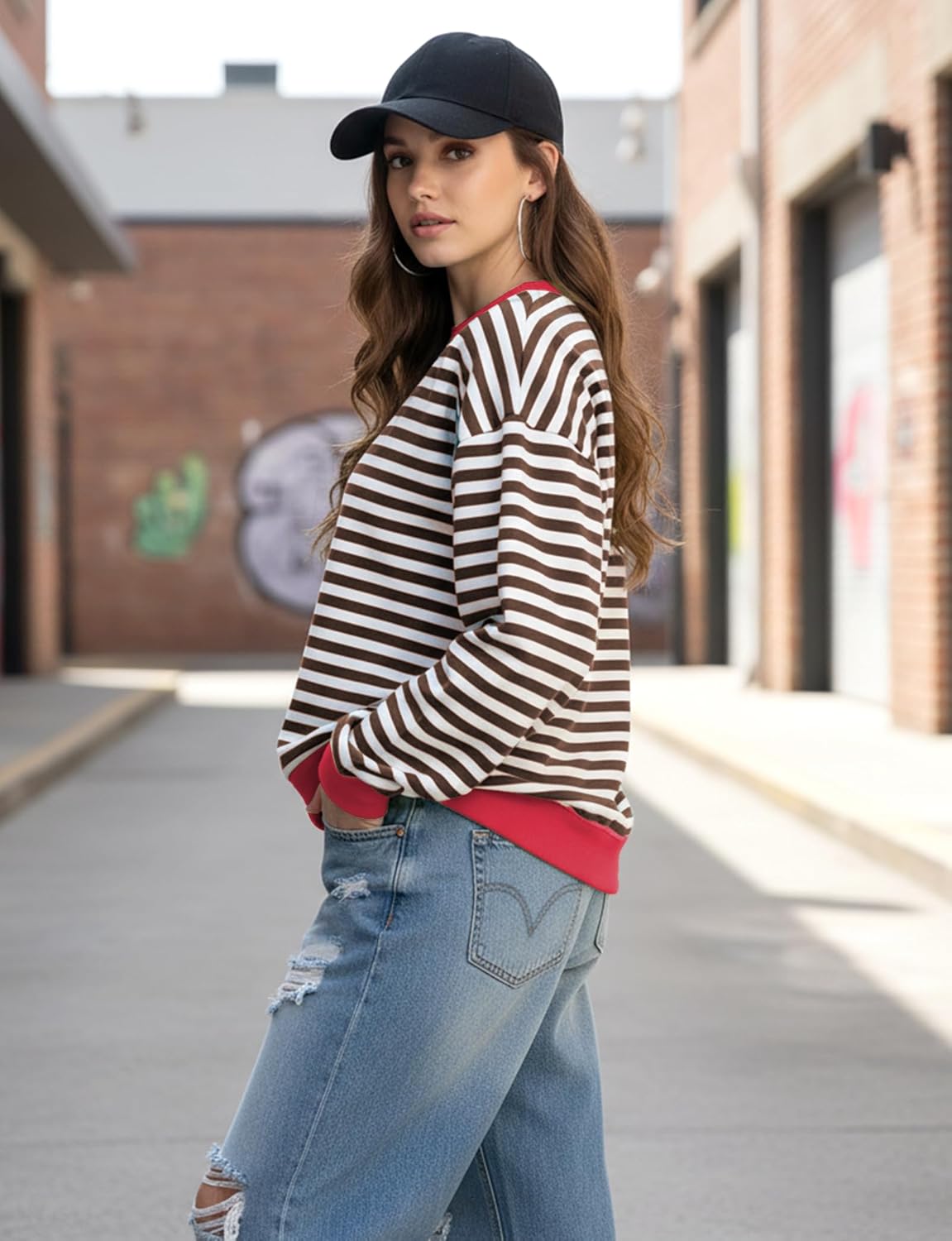 Women Striped Oversized Sweatshirt Long Sleeve Crewneck Shirt Fall Fashion 2025 Pullover Top Preppy Y2K Clothes Brown - Image 3